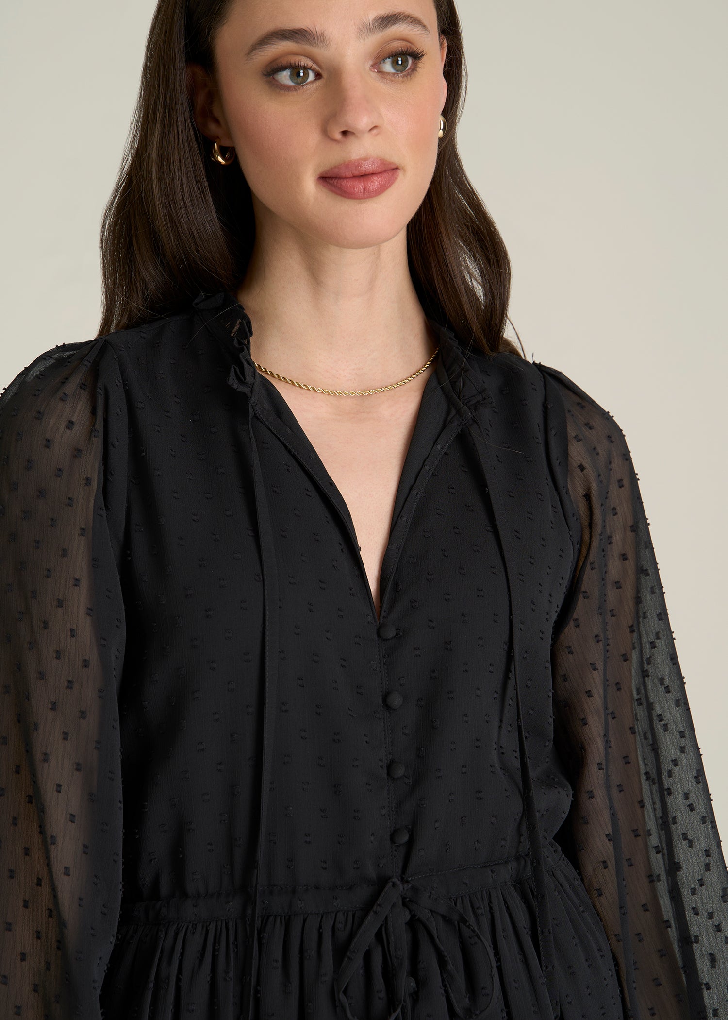 Peasant Chiffon Mini Dress for Tall Women in Black