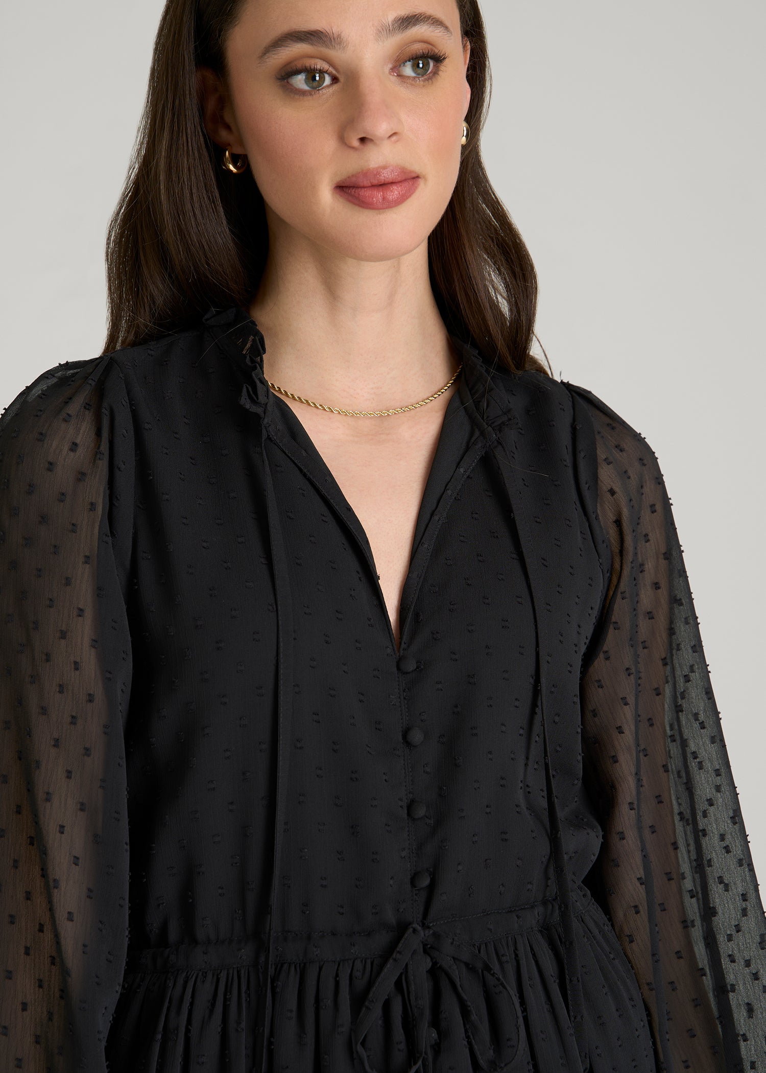 Peasant Chiffon Mini Dress for Tall Women in Black