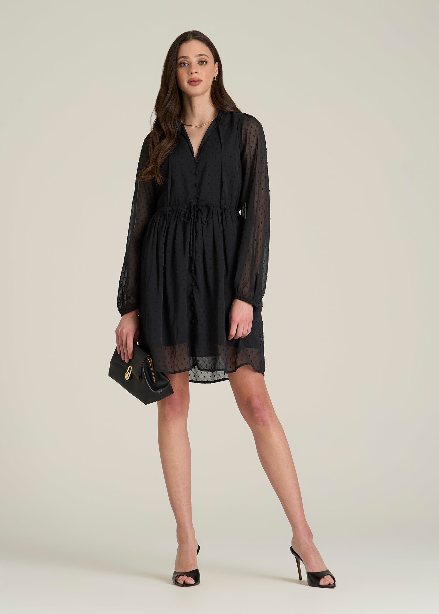 Peasant Chiffon Mini Dress for Tall Women in Black
