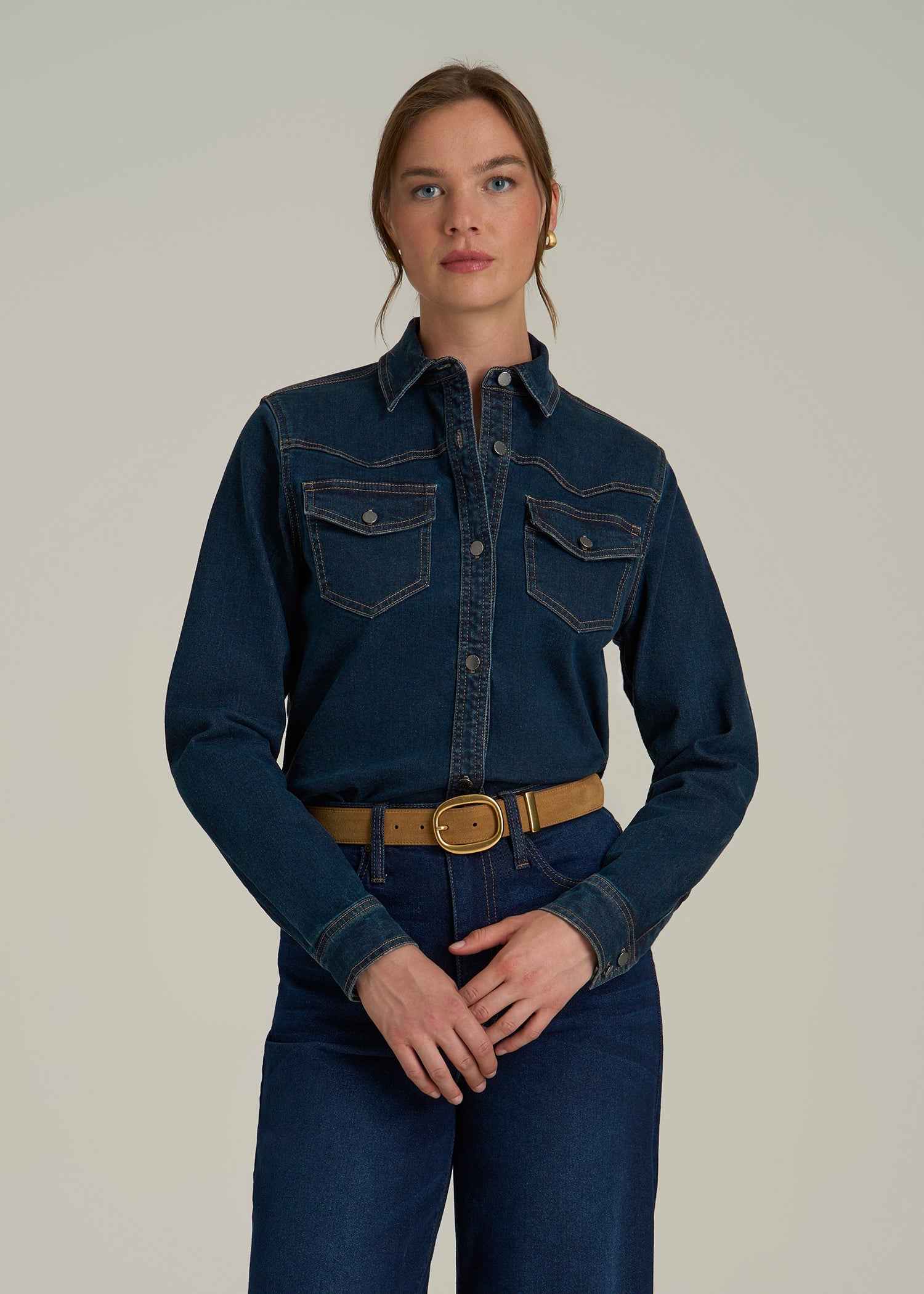 Western Denim Shirt for Tall Women in Indigo Dusk