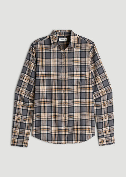 Flannel Button-Up Shirt for Tall Women in Grey and Camel Plaid