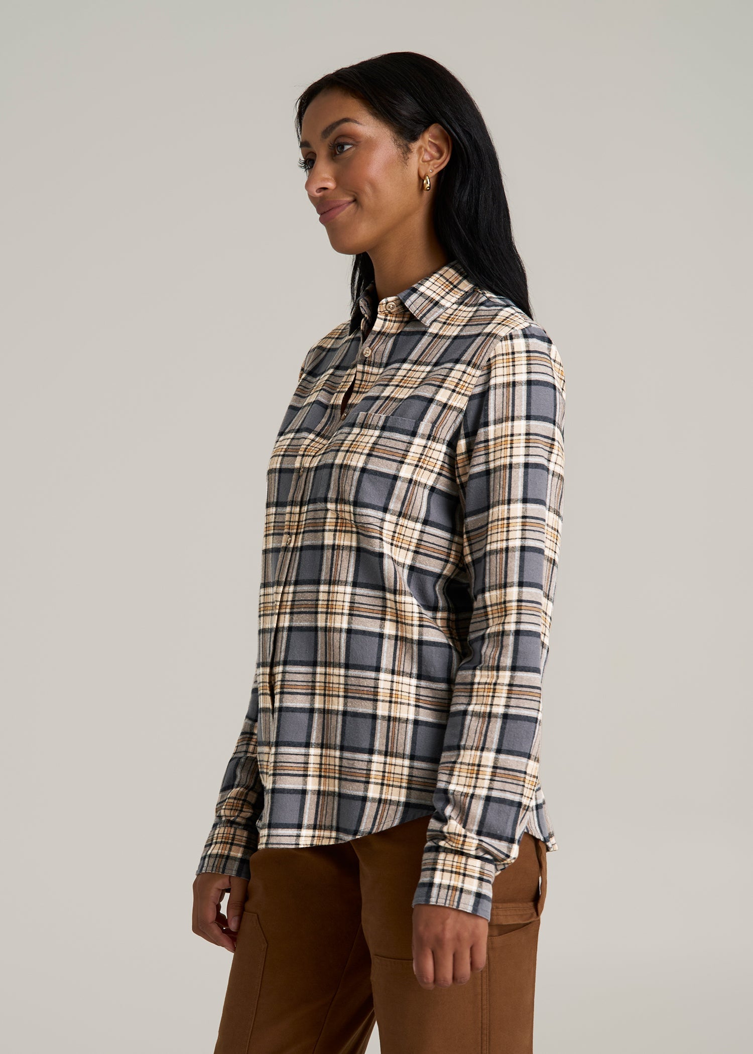 Flannel Button-Up Shirt for Tall Women in Grey and Camel Plaid