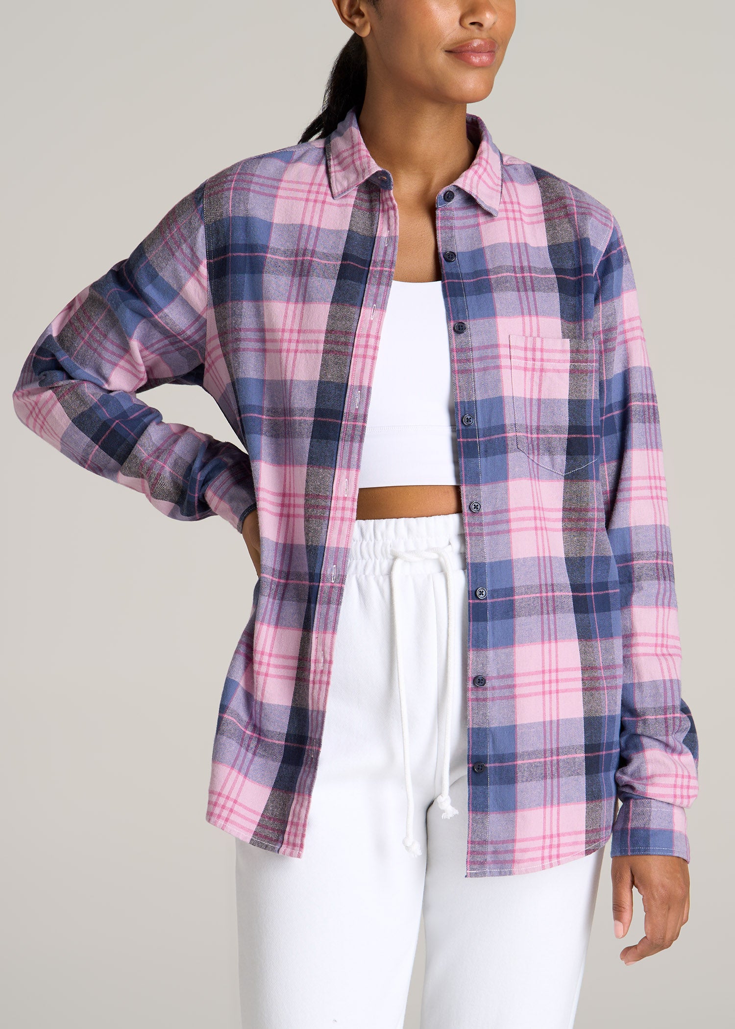 Flannel Button-Up Shirt for Tall Women in Mauve and Blue Plaid M / Tall / Mauve and Blue Plaid