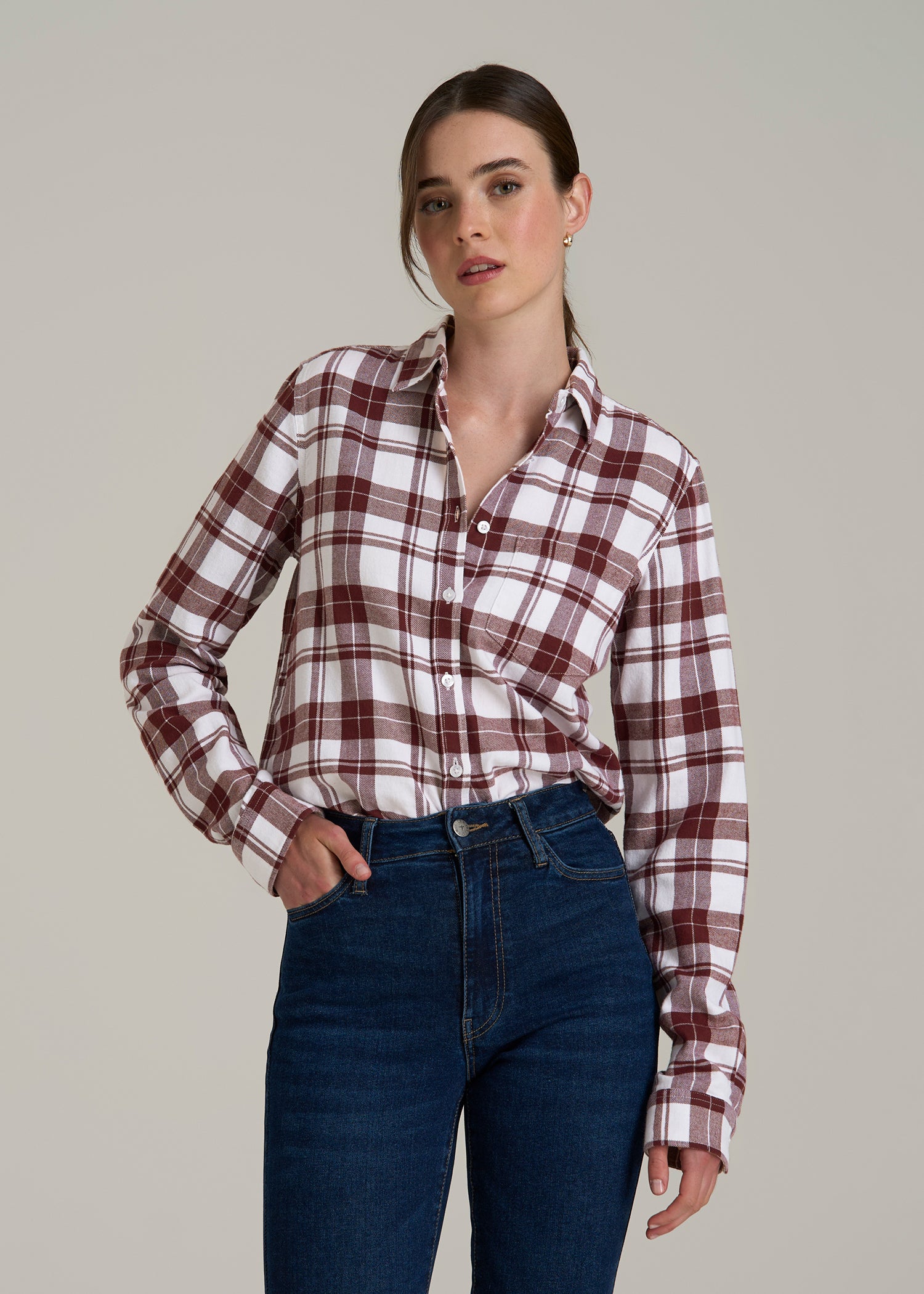 Flannel Button-Up Shirt for Tall Women in Port Royale Plaid