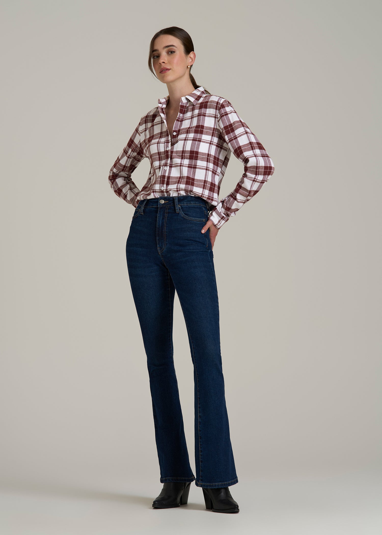 Flannel Button-Up Shirt for Tall Women in Port Royale Plaid