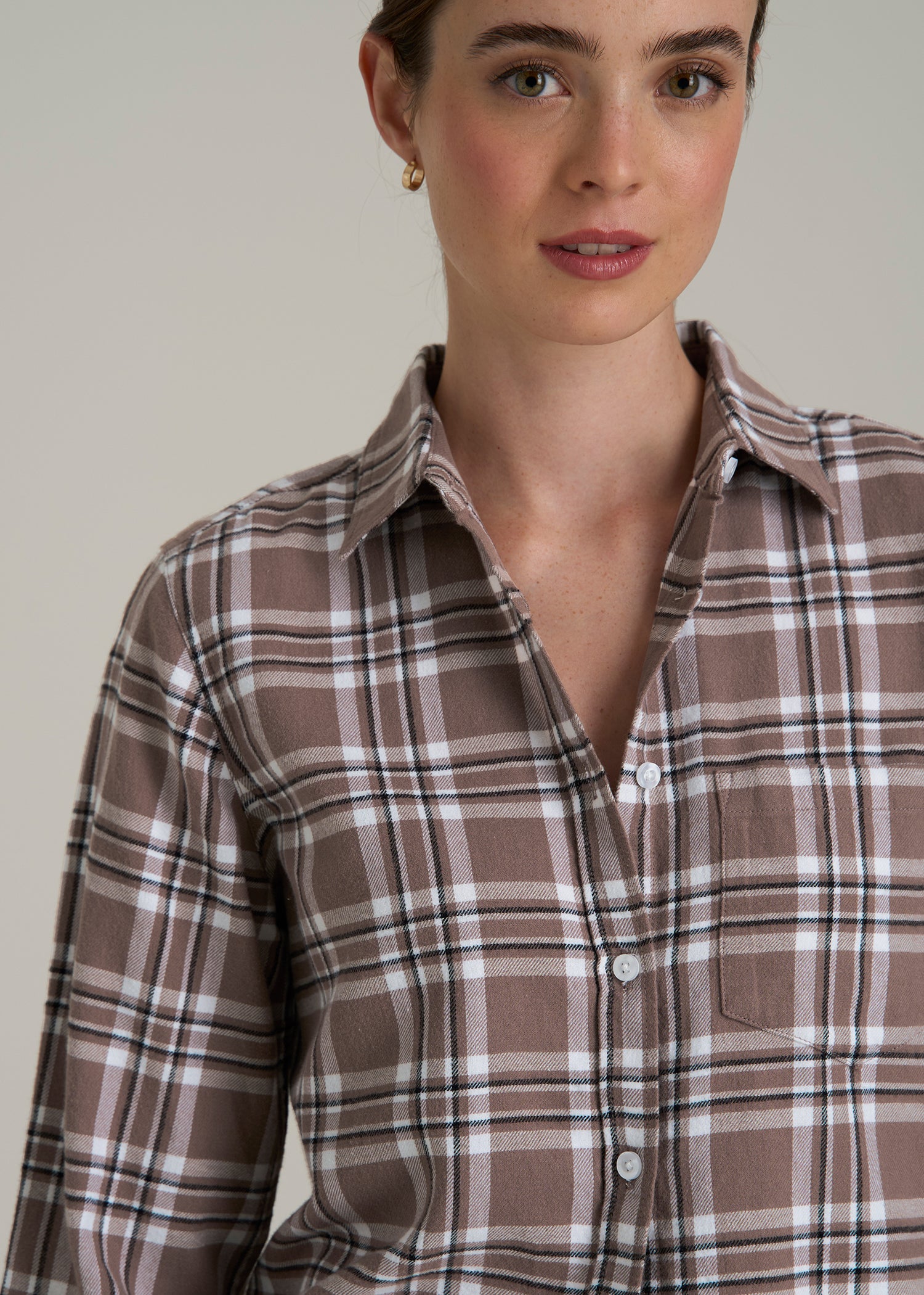 Flannel Button-Up Shirt for Tall Women in Woodsmoke with Black
