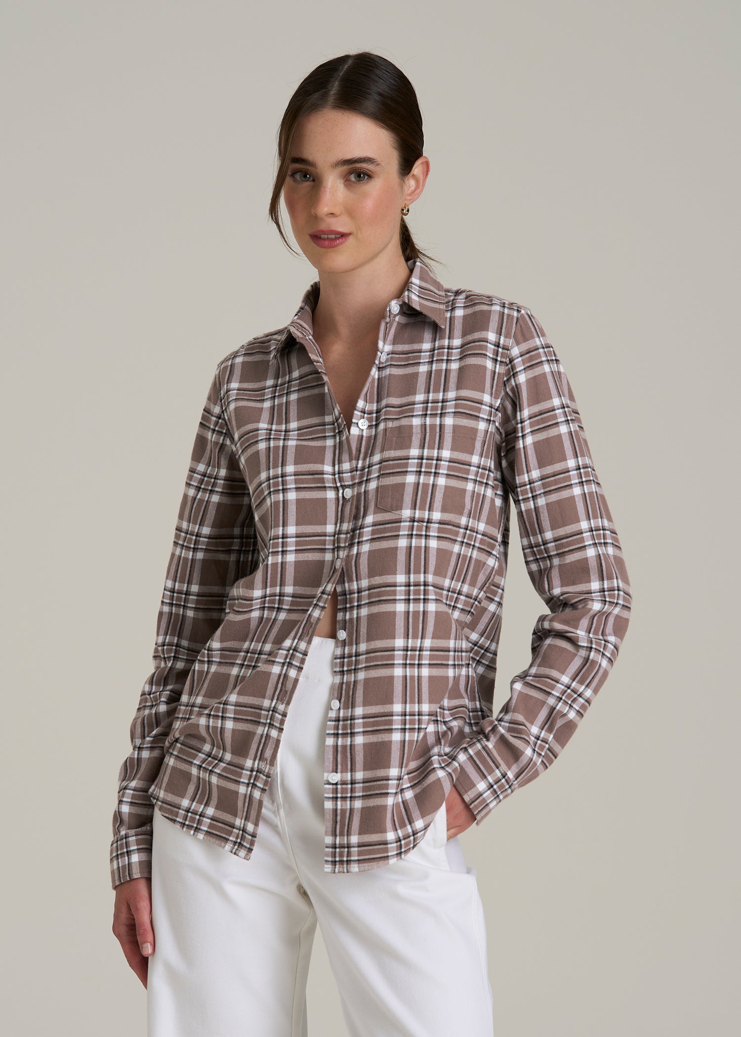 Flannel Button-Up Shirt for Tall Women in Woodsmoke with Black