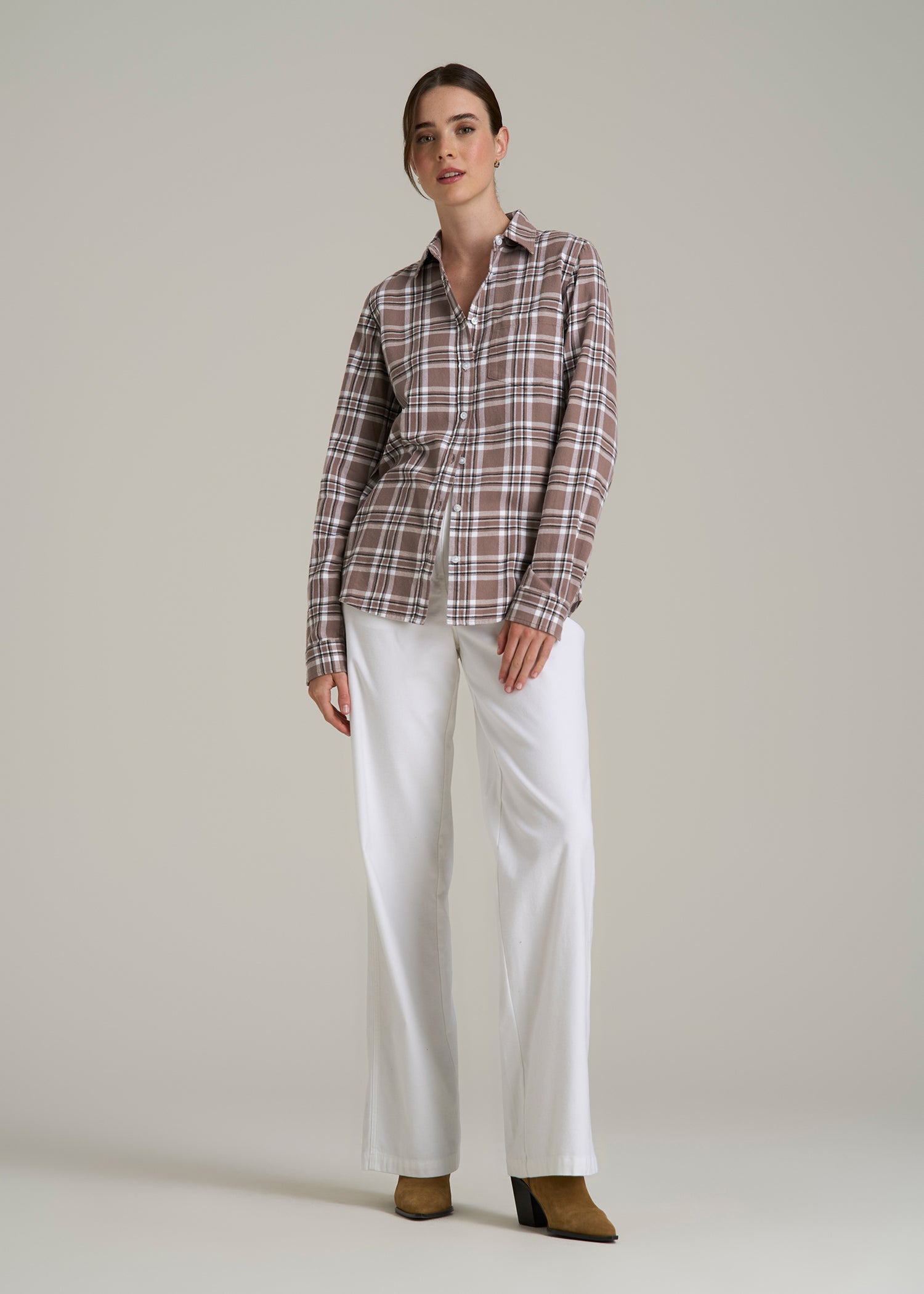 Flannel Button-Up Shirt for Tall Women in Woodsmoke with Black