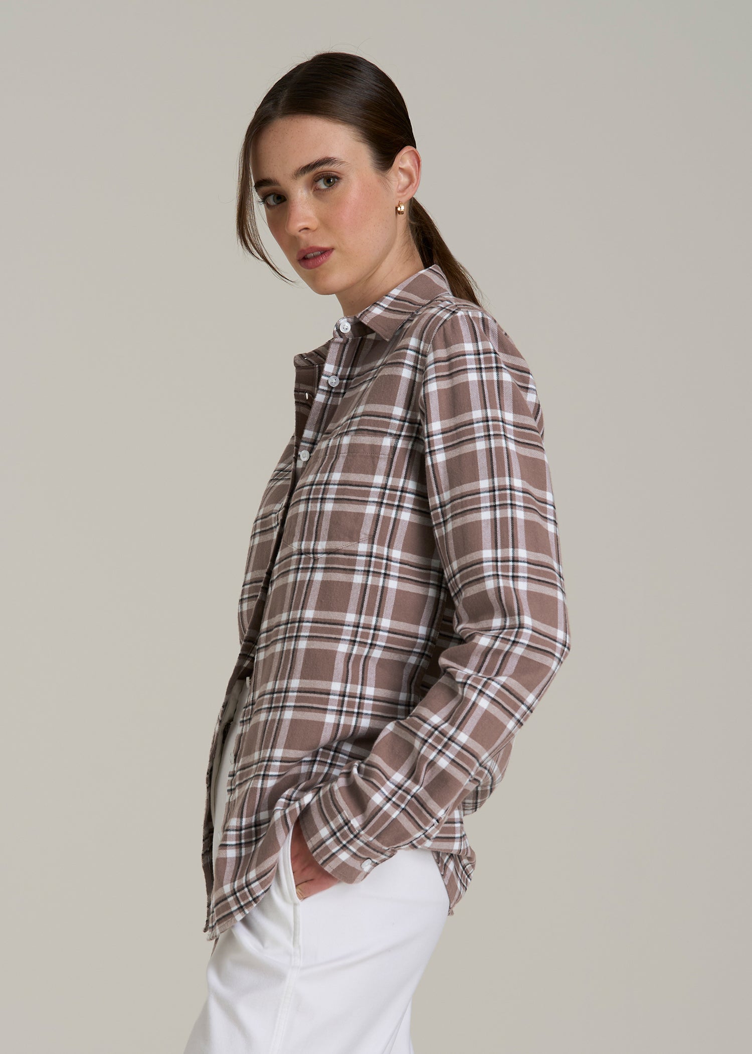 Flannel Button-Up Shirt for Tall Women in Woodsmoke with Black