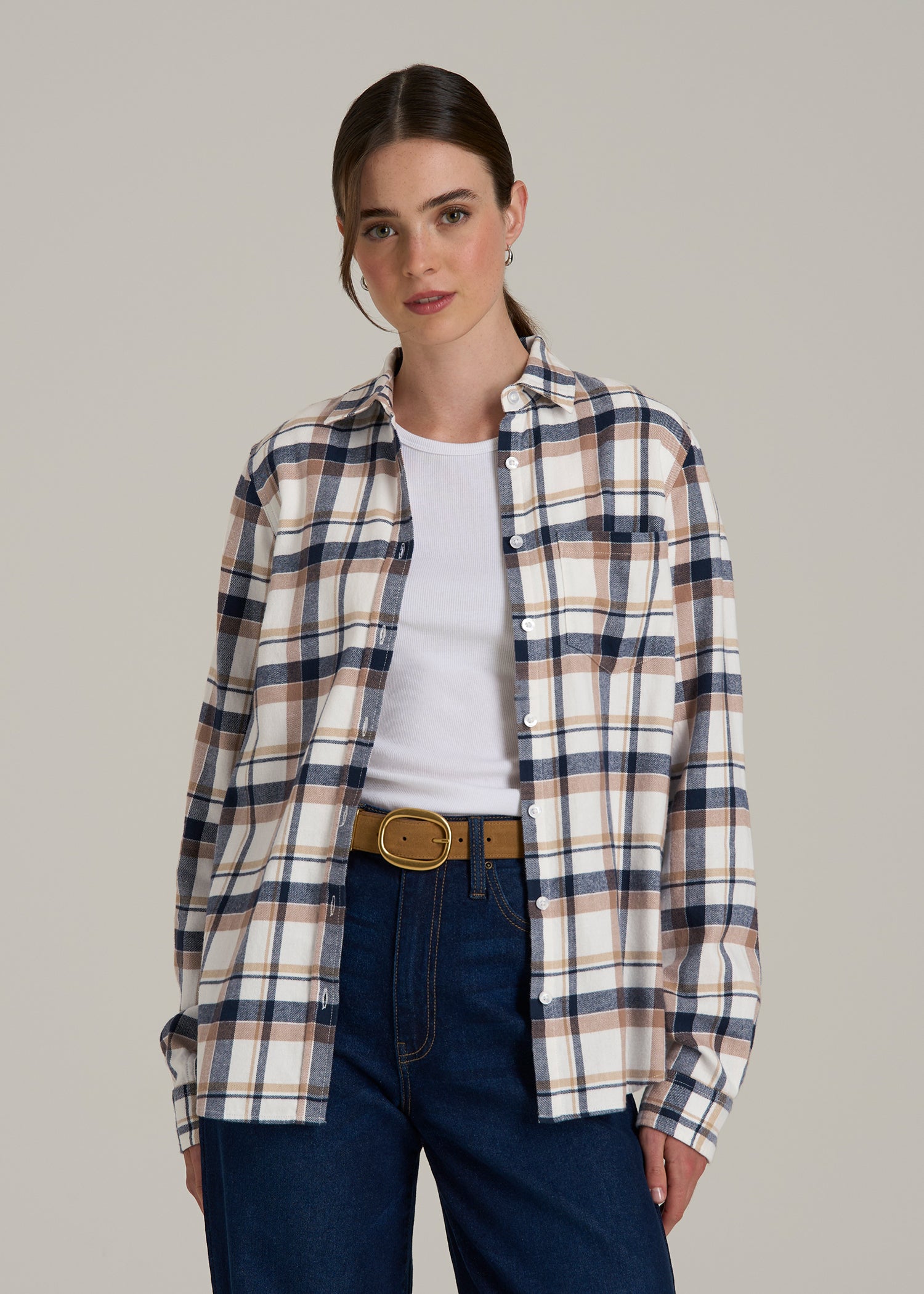 Flannel Button-Up Shirt for Tall Women in Woodsmoke with Navy