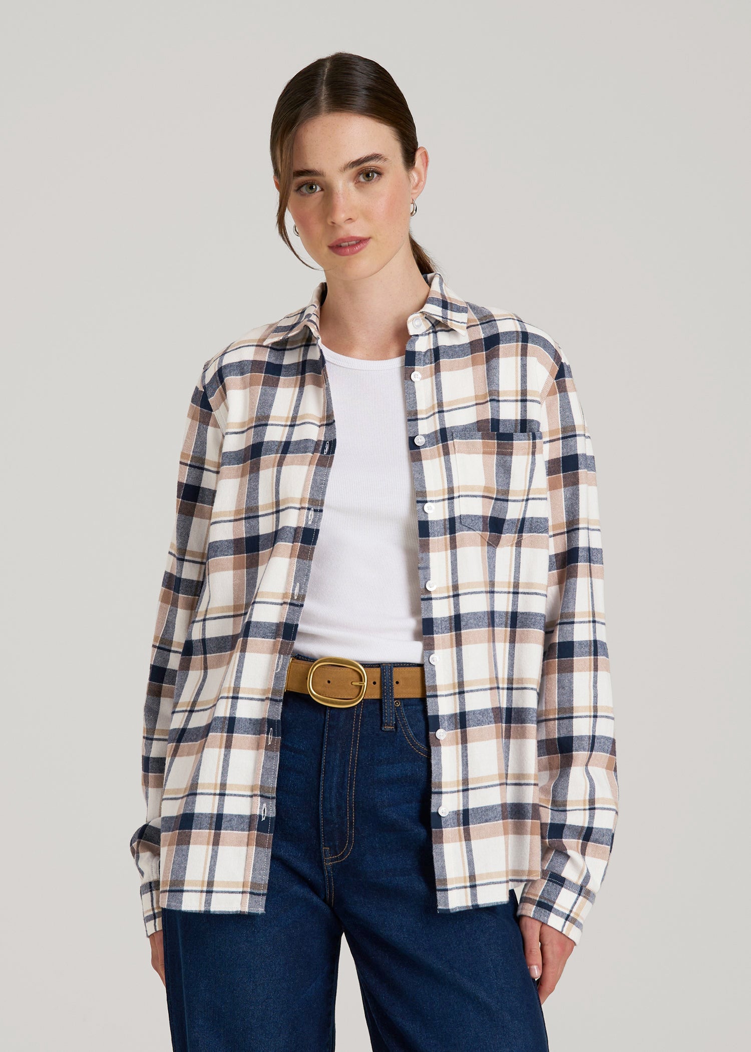 Flannel Button-Up Shirt for Tall Women in Woodsmoke with Navy L / Tall / Woodsmoke with Navy
