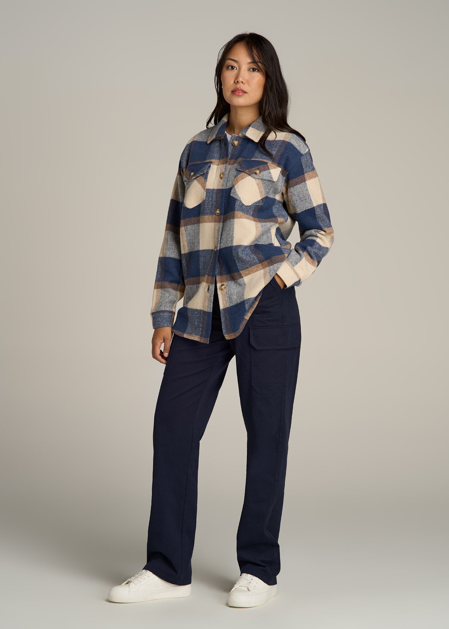 Flannel Shacket for Tall Women in Cream and Denim Blue Plaid