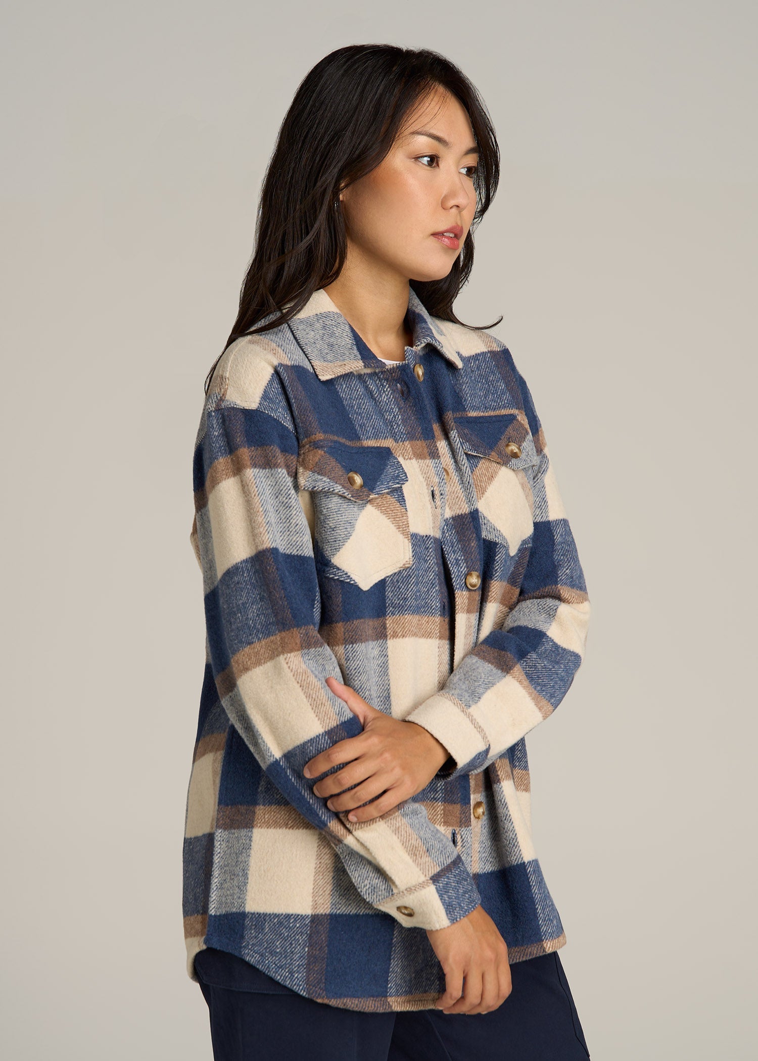 Flannel Shacket for Tall Women in Cream and Denim Blue Plaid