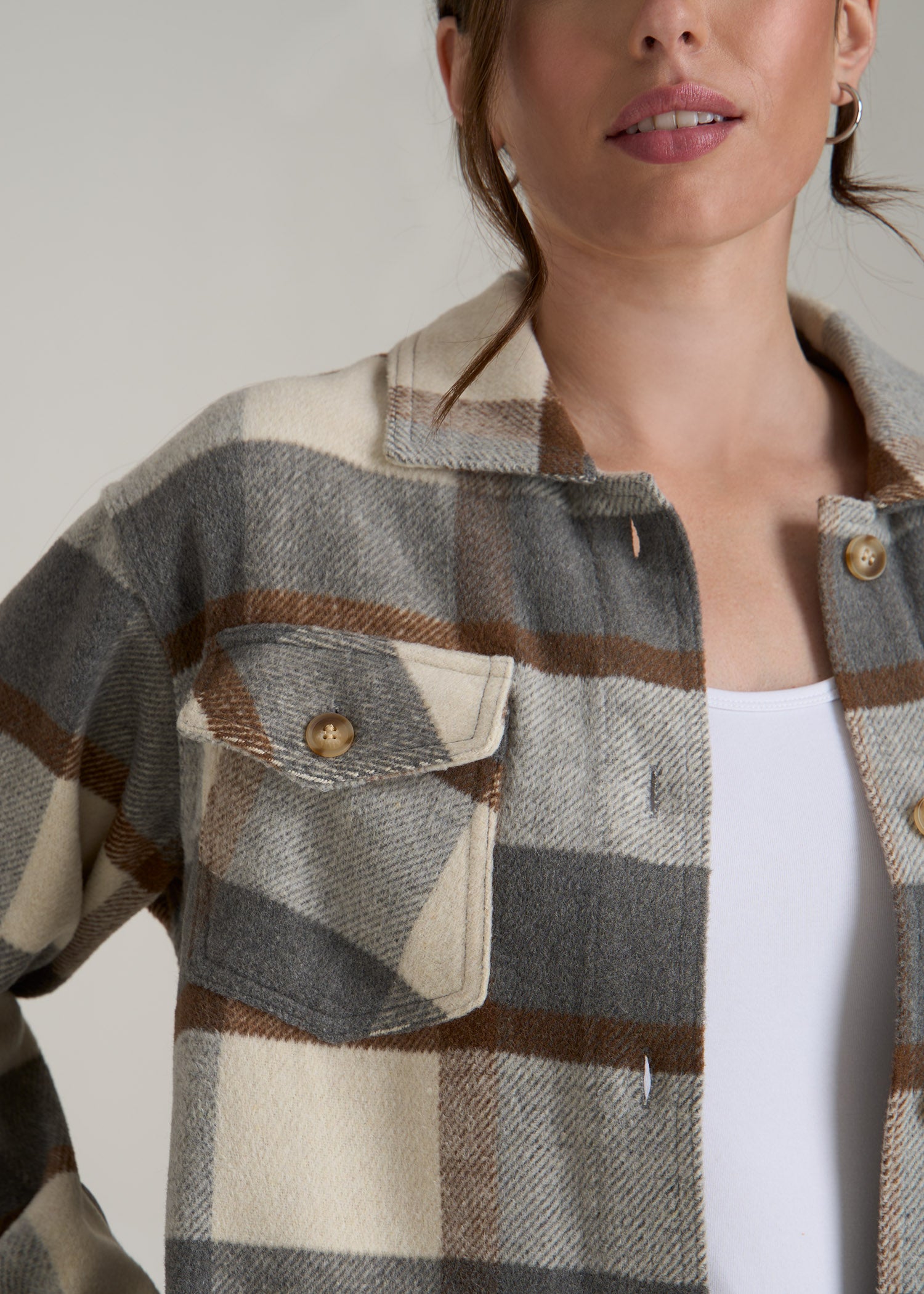 Flannel Shacket for Tall Women in Grey and Cream Plaid
