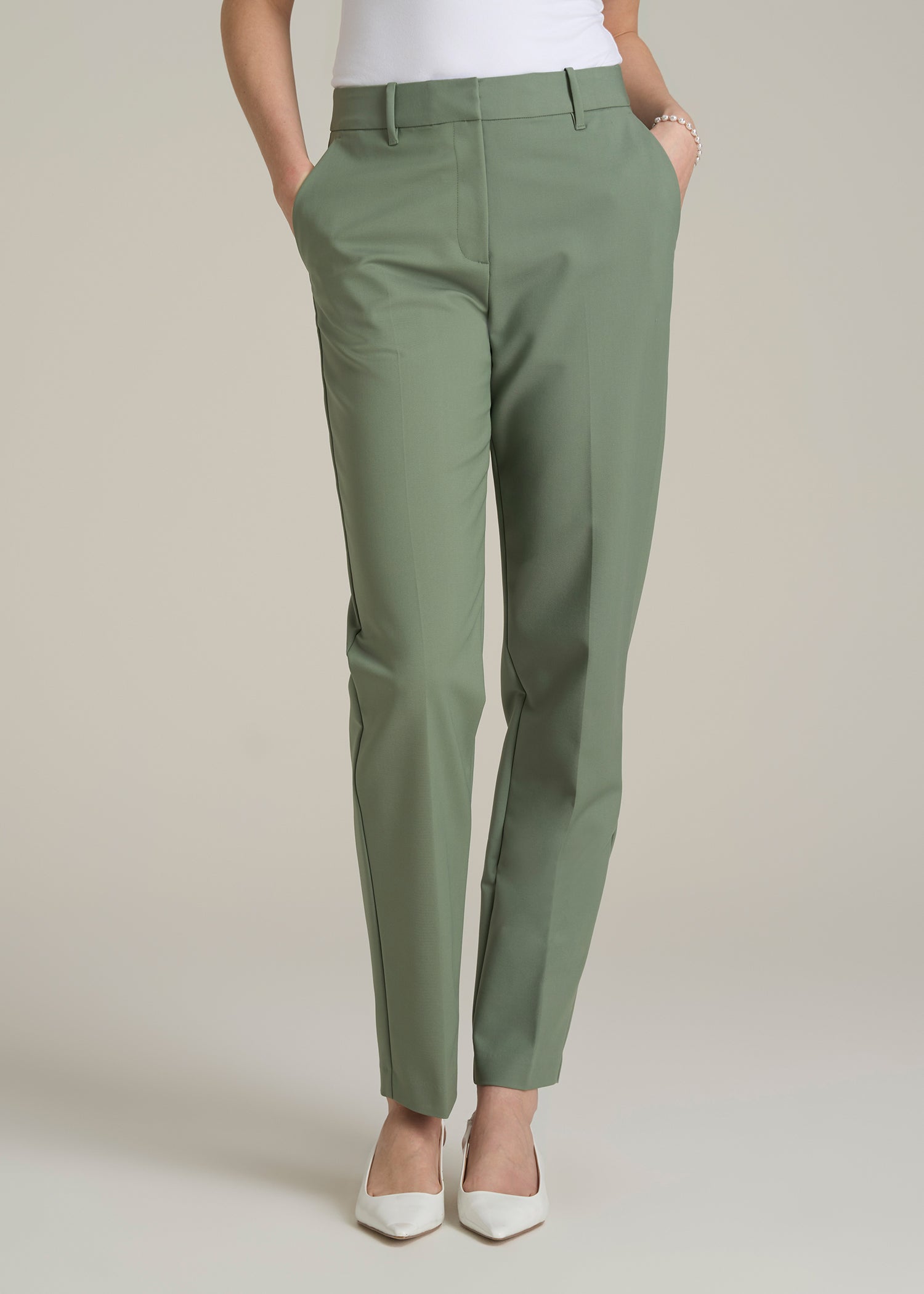 Flat Front Tapered Dress Pants for Tall Women in Dark Seagrass