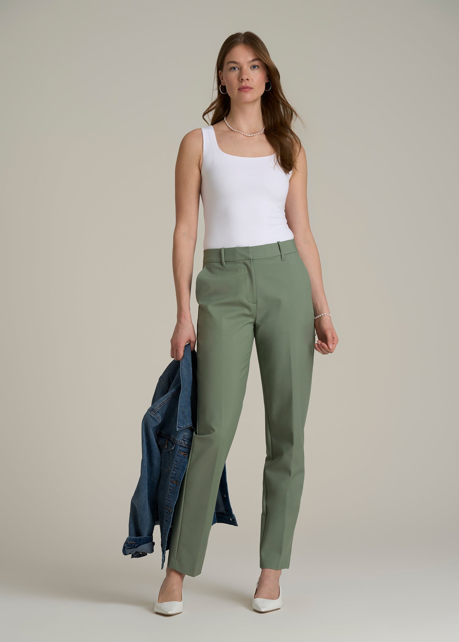 Flat Front Tapered Dress Pants for Tall Women in Dark Seagrass