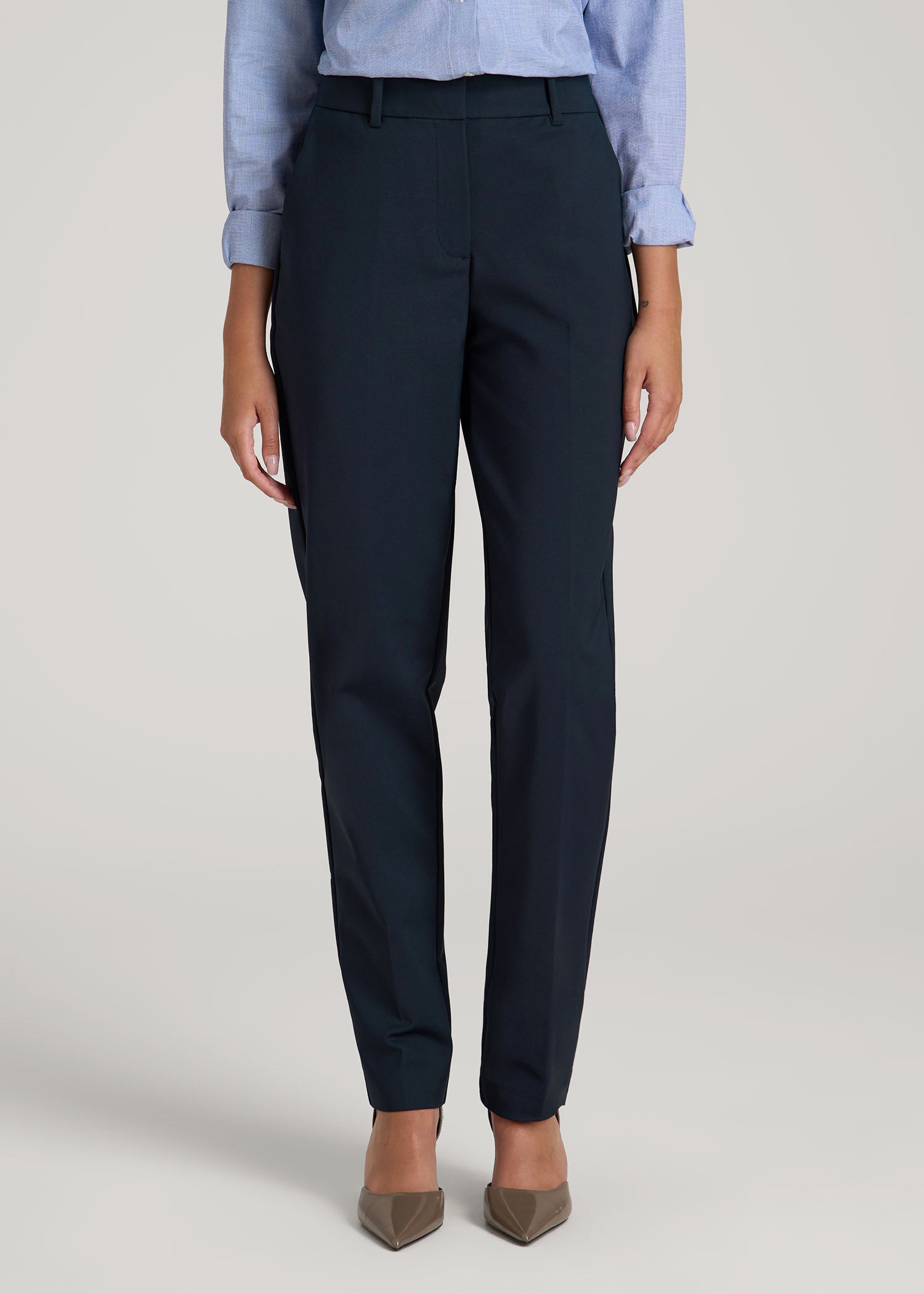 womens navy blue dress slacks Flat Front Tapered Dress Pants for Tall Women in True Navy 6 / Tall / True Navy