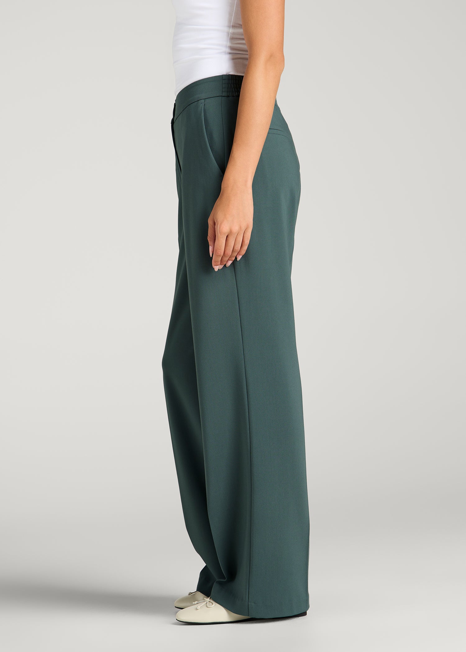 Flat Front Wide Leg Dress Pants for Tall Women in Balsam Green