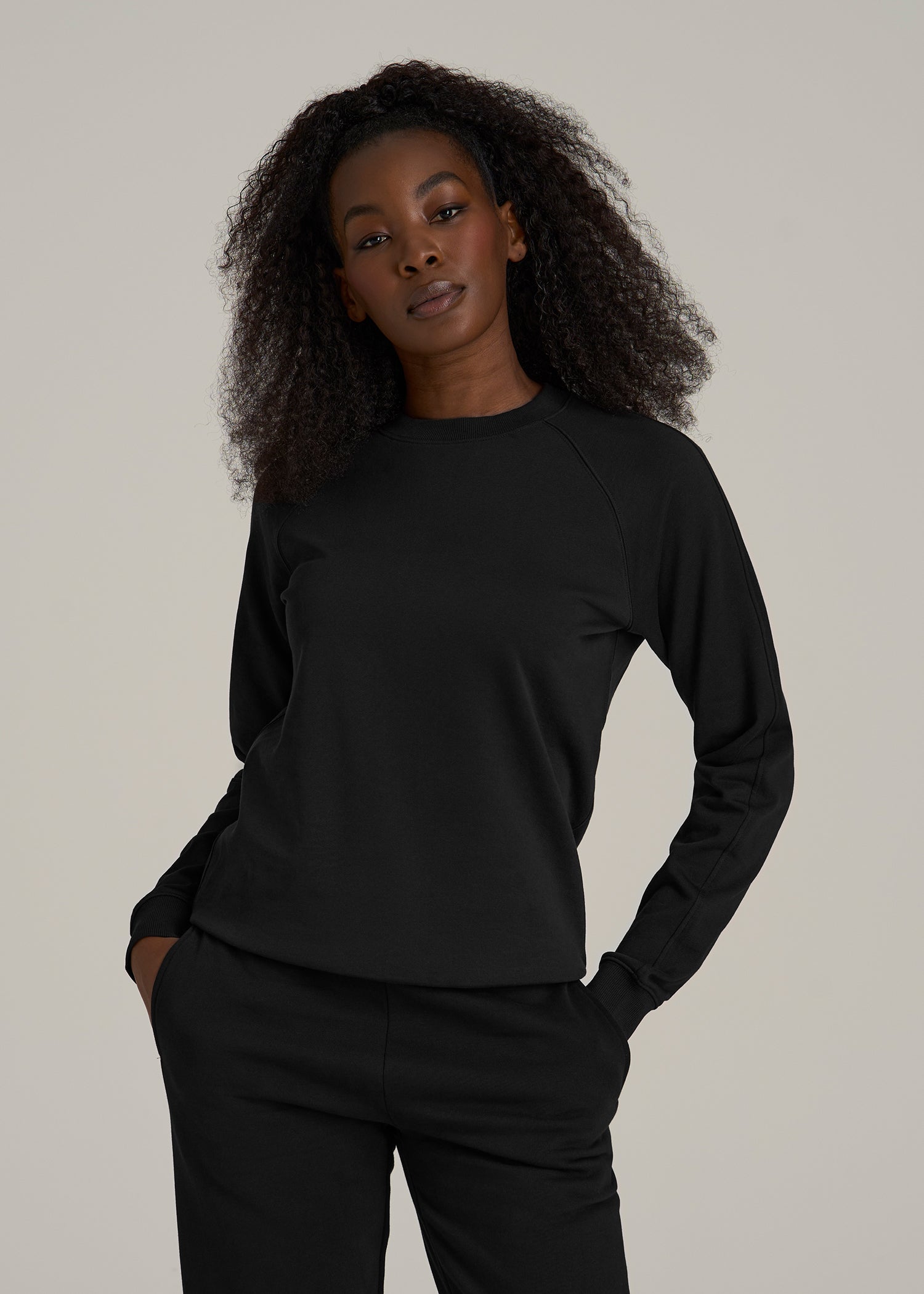 French Terry Crewneck Sweatshirt for Tall Women in Black