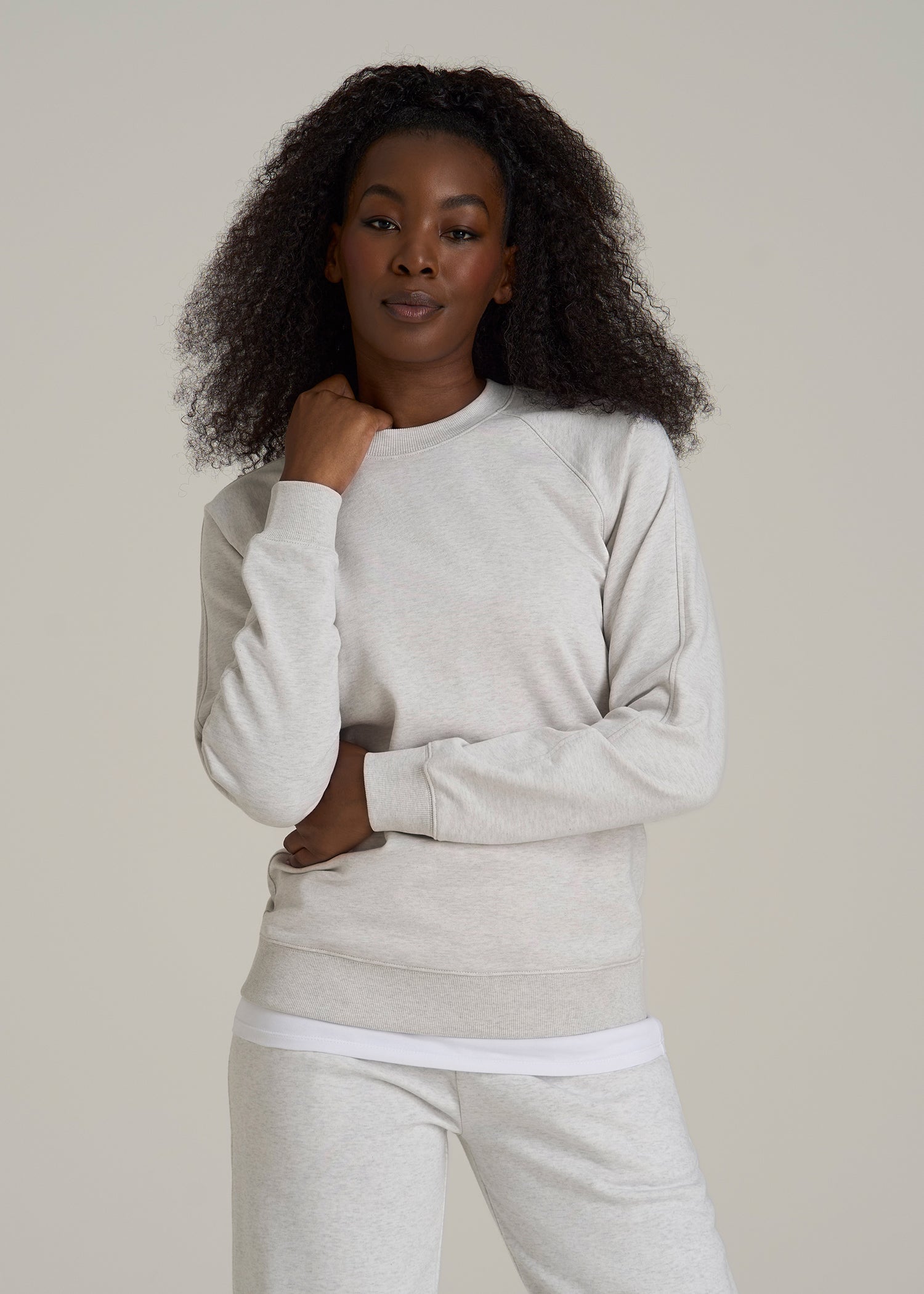 French Terry Crewneck Sweatshirt for Tall Women in Heather Cloud White