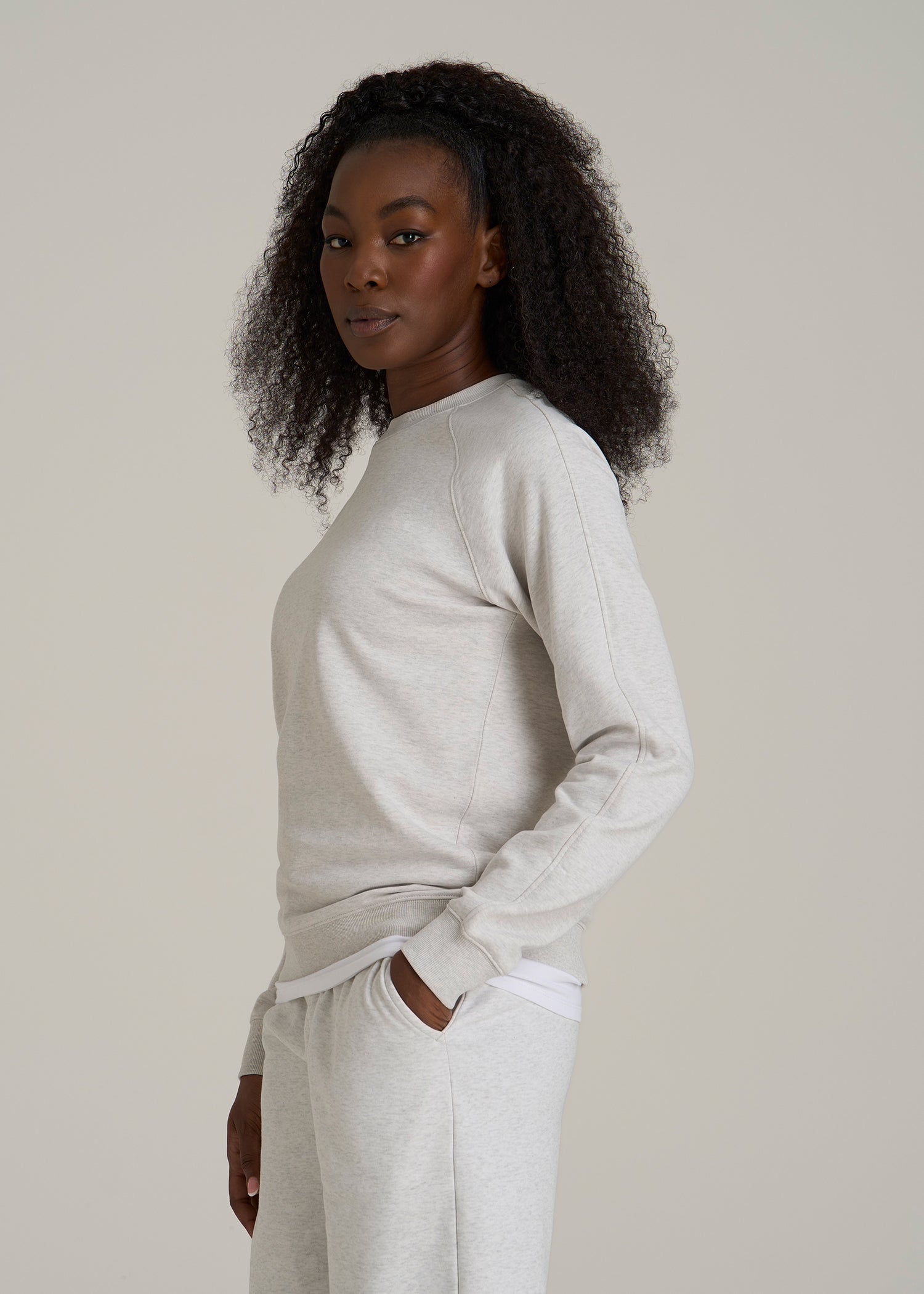 French Terry Crewneck Sweatshirt for Tall Women in Heather Cloud White
