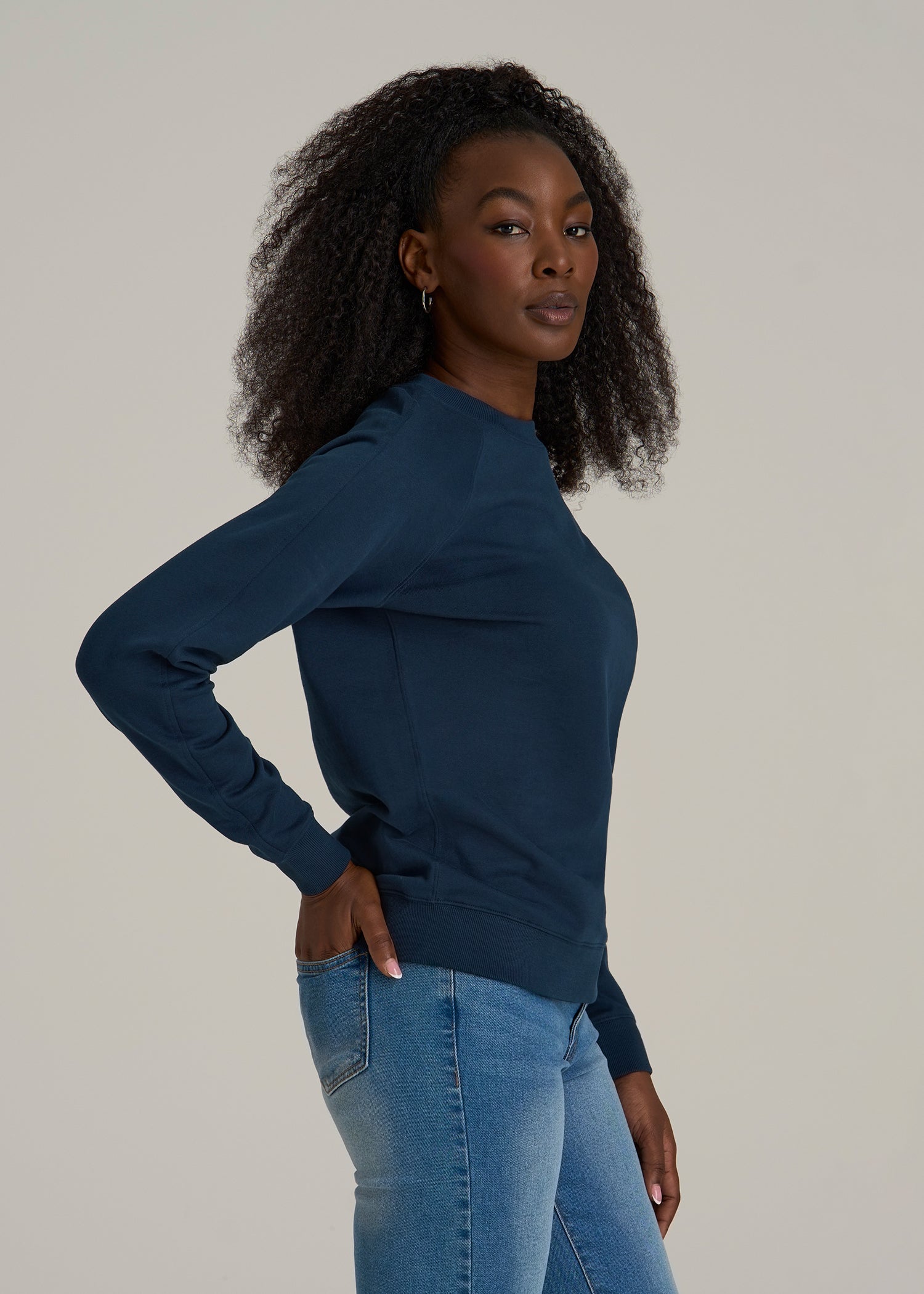French Terry Crewneck Sweatshirt for Tall Women in Navy Blue
