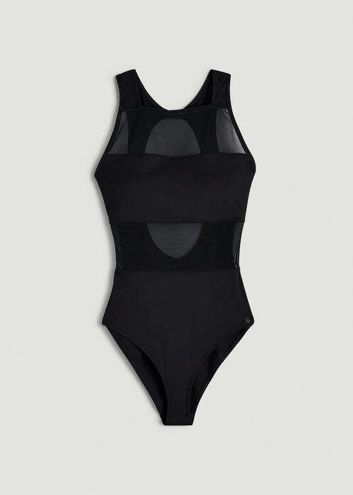 High Neck Mesh One Piece Swimsuit for Tall Women in Deep Black