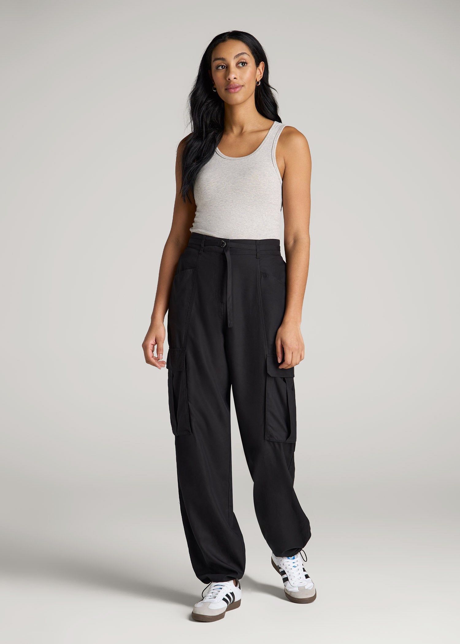 High Rise Cargo Parachute Pants for Tall Women in Black