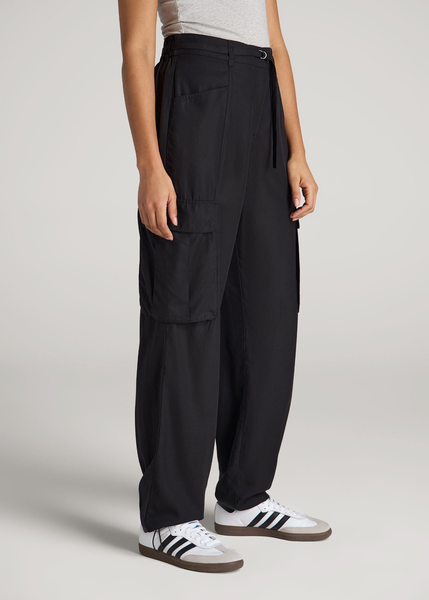 High Rise Cargo Parachute Pants for Tall Women in Black