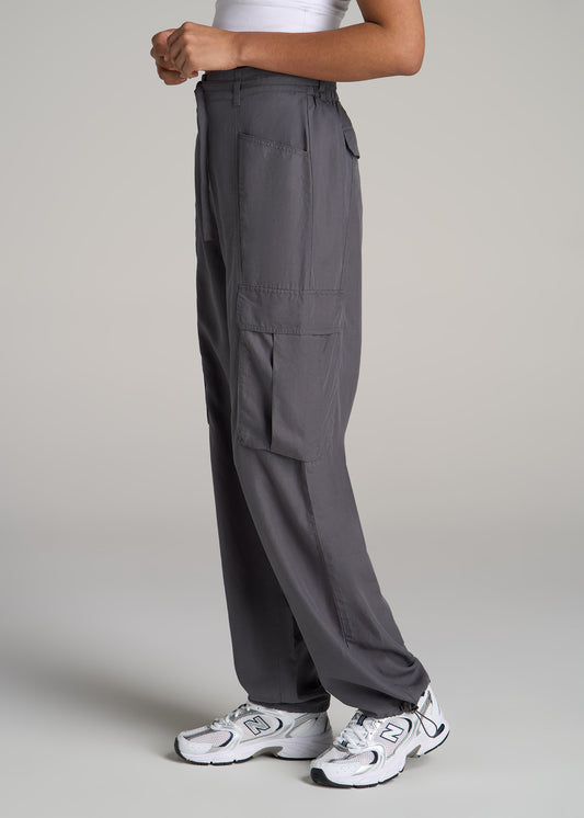 High Rise Cargo Parachute Pants for Tall Women in Slate