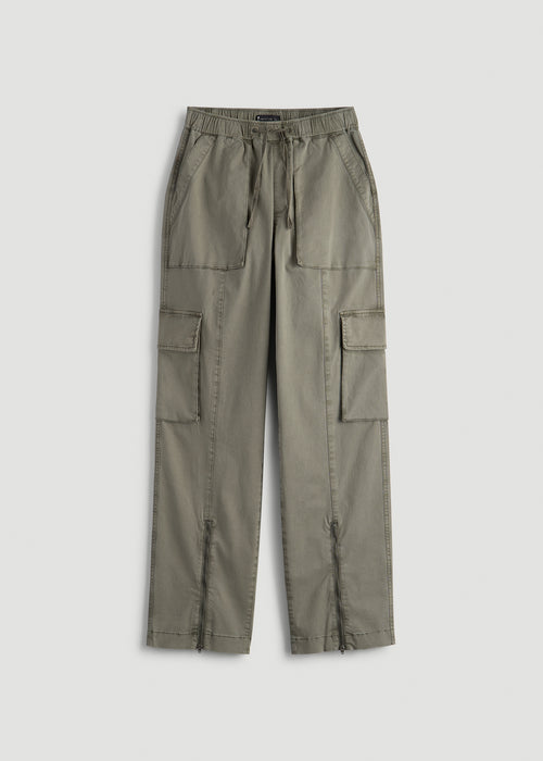 High Rise Garment Dyed Baggy Cargo Pants for Tall Women in Camper Green