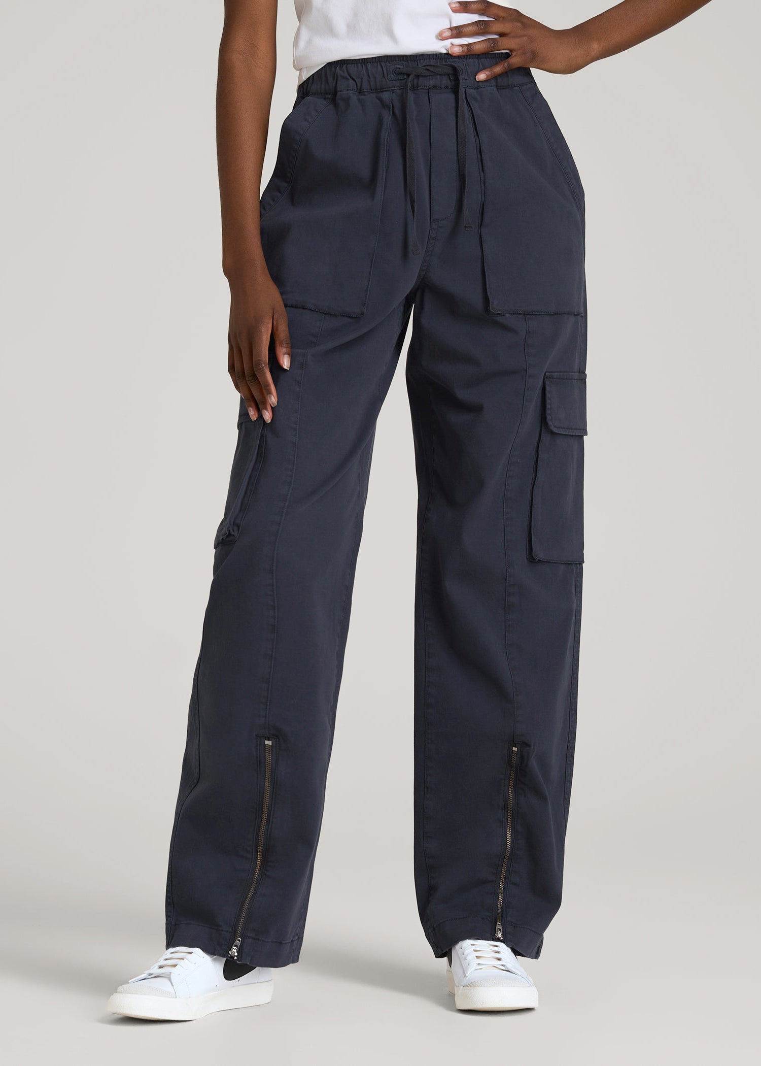 High Rise Garment Dyed Baggy Cargo Pants for Tall Women in Deep Navy