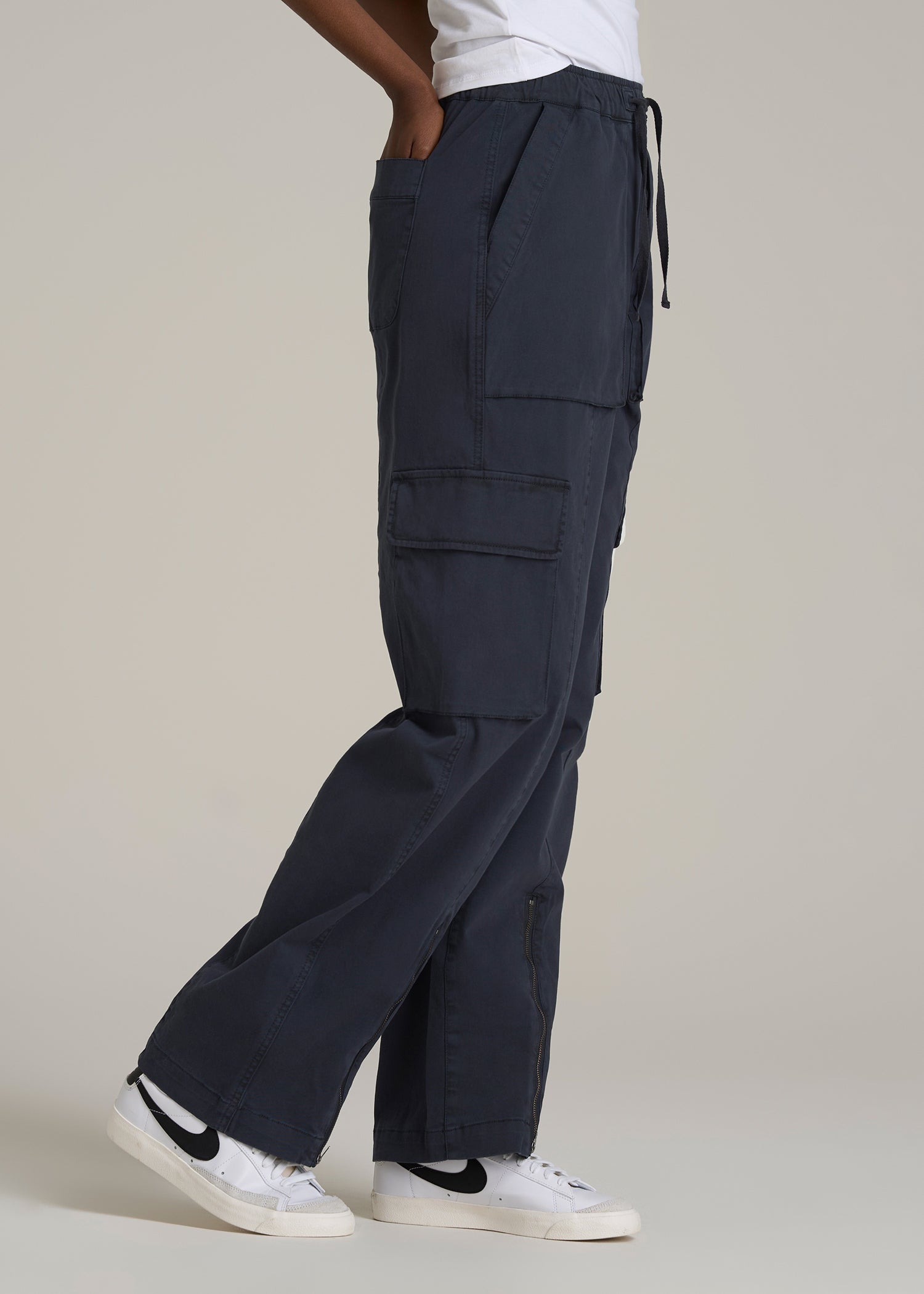 High Rise Garment Dyed Baggy Cargo Pants for Tall Women in Deep Navy