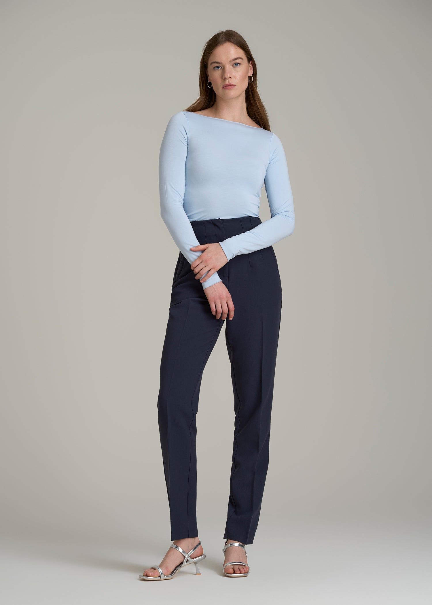 High Rise Pants with Darts for Tall Women in Navy