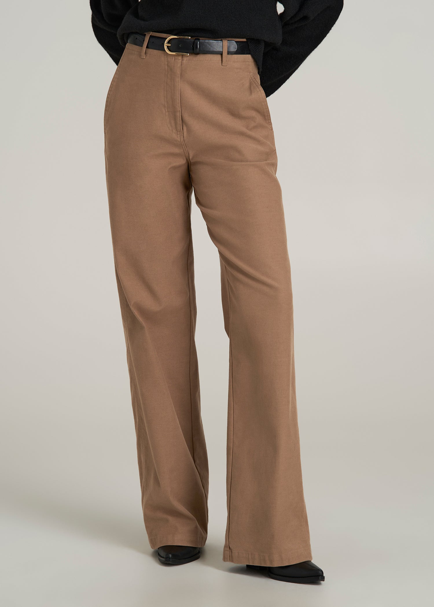 High Rise Wide-Leg Flat Front Chino Pants for Tall Women in Fawn