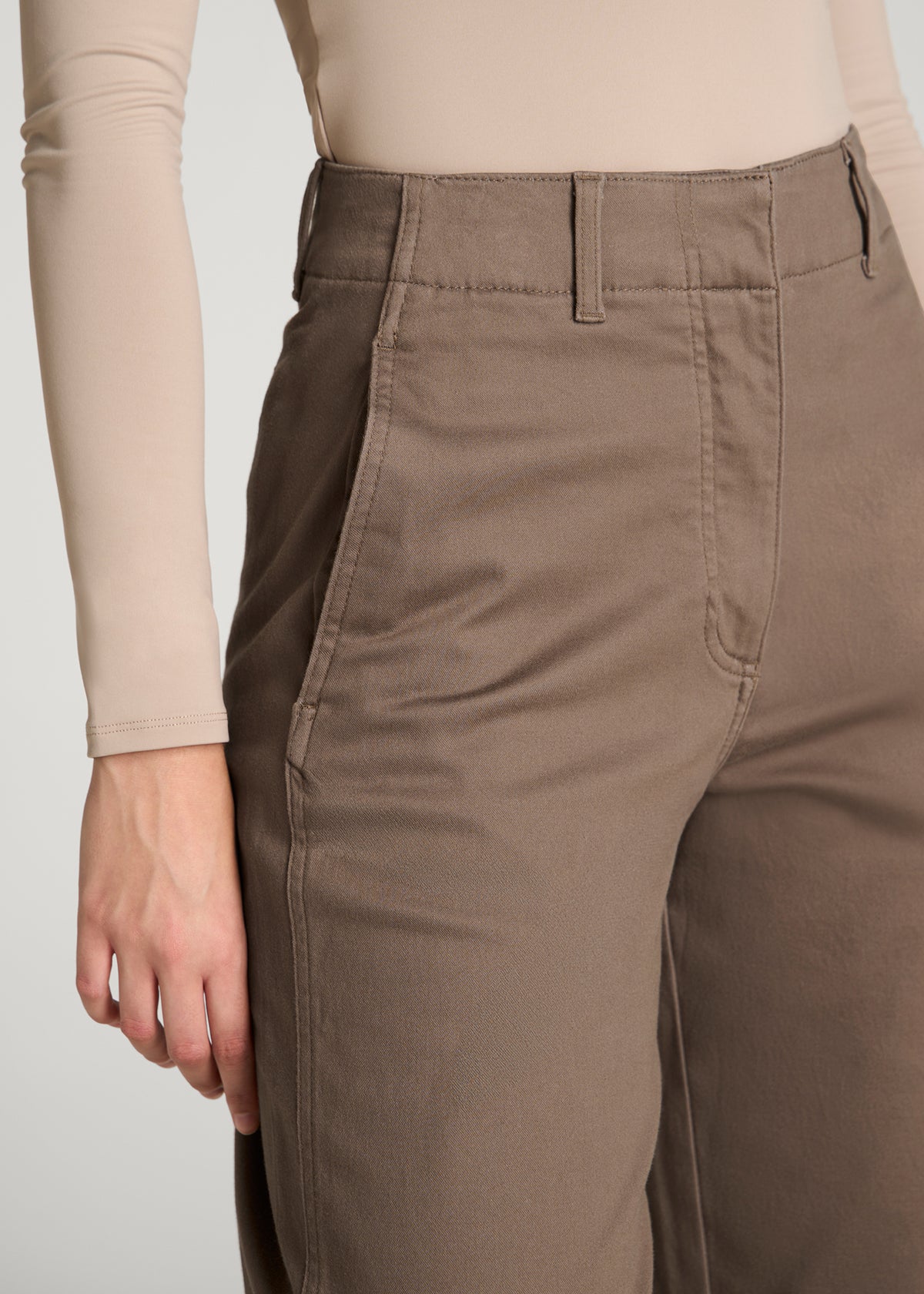 High Rise Wide Leg Flat Front Chino for Tall Women in Warm Brown