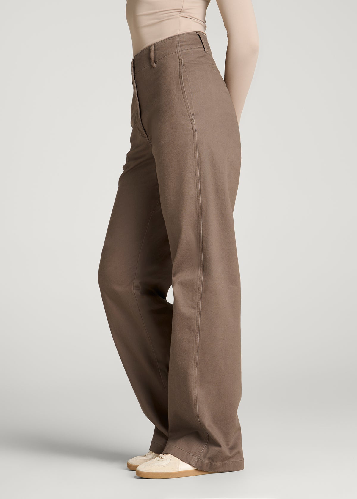 High Rise Wide Leg Flat Front Chino for Tall Women in Warm Brown