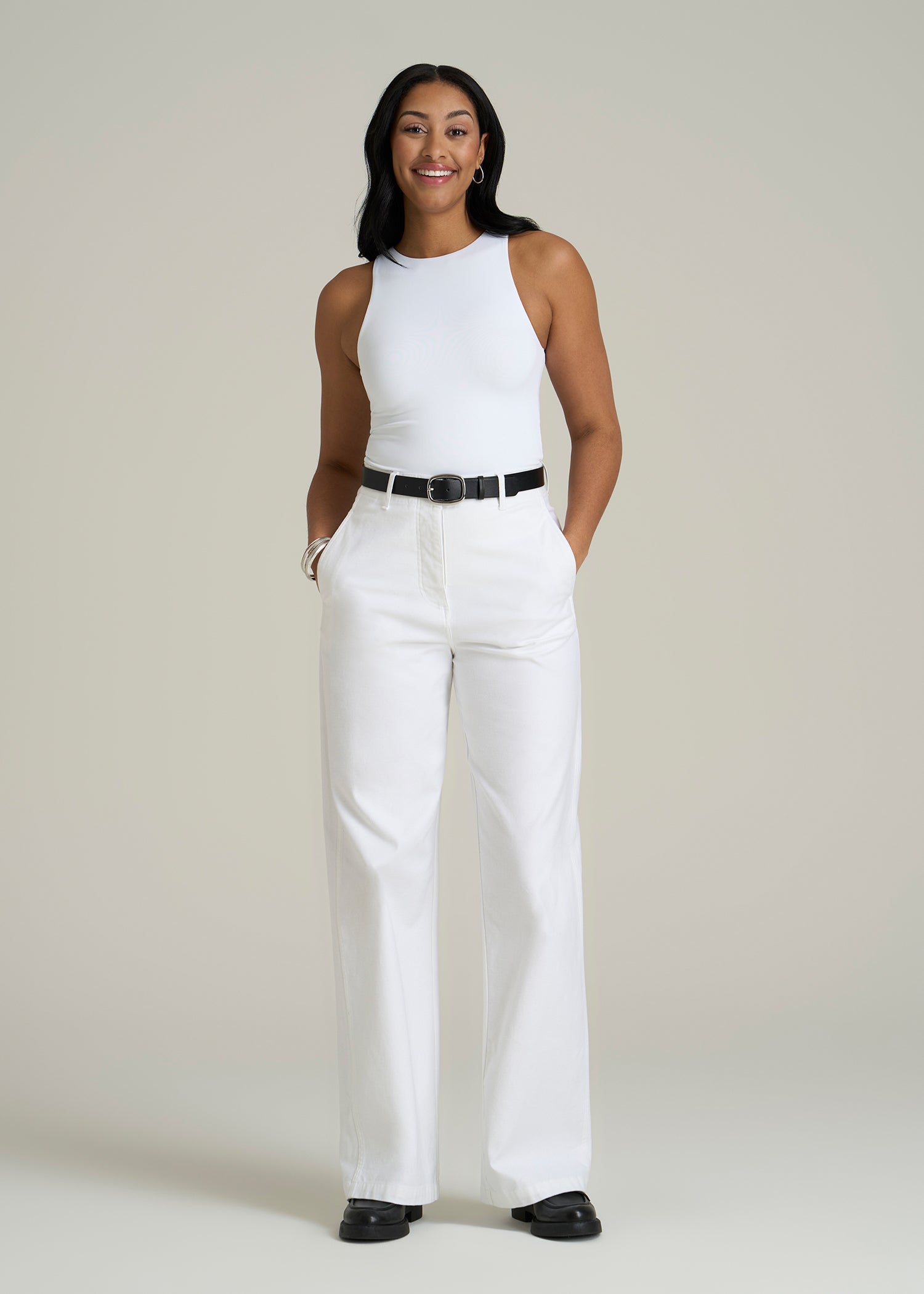 High Rise Wide-Leg Flat Front Chino Pants for Tall Women in White