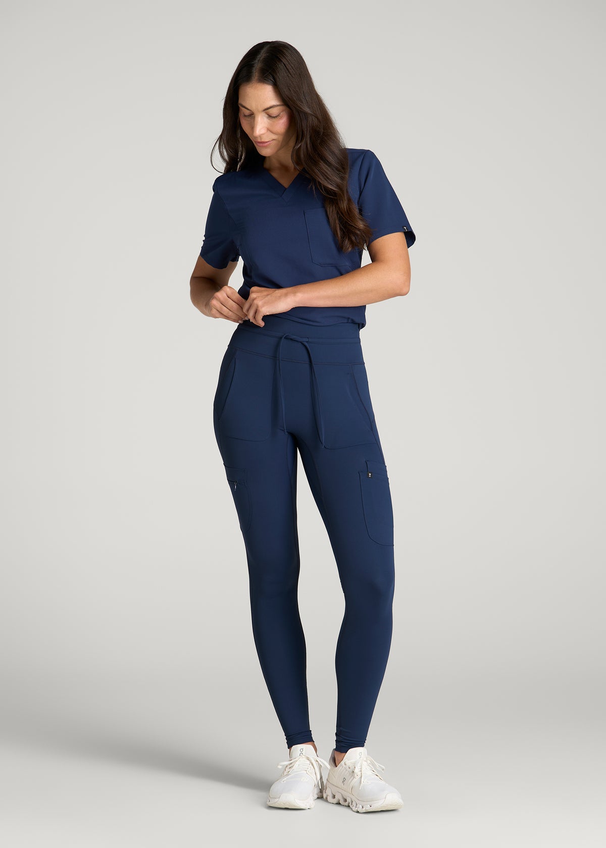 High Waisted Scrub Leggings for Tall Women in Navy Blue