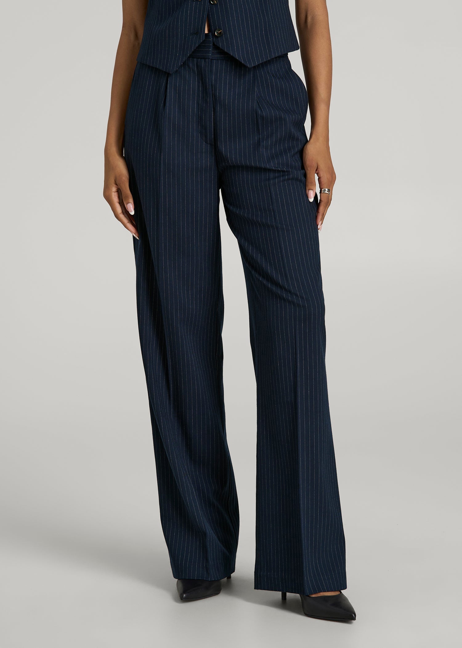 High-Rise Wide-Leg Pleated Dress Pants for Tall Women in Navy Pinstripe 16 / Extra Tall / Navy Pinstripe