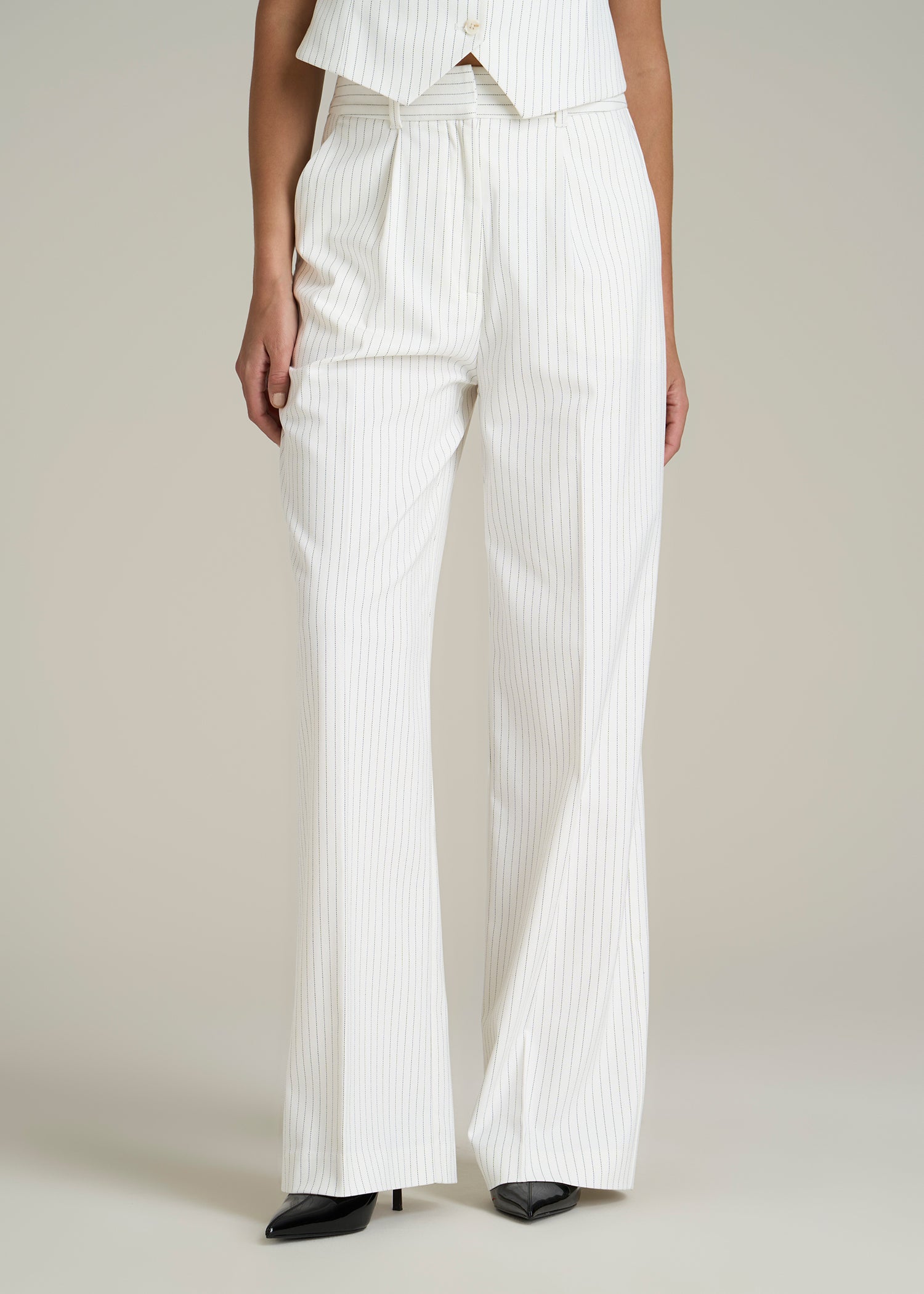 High-Rise Wide-Leg Pleated Dress Pants for Tall Women in Off White Pinstripe