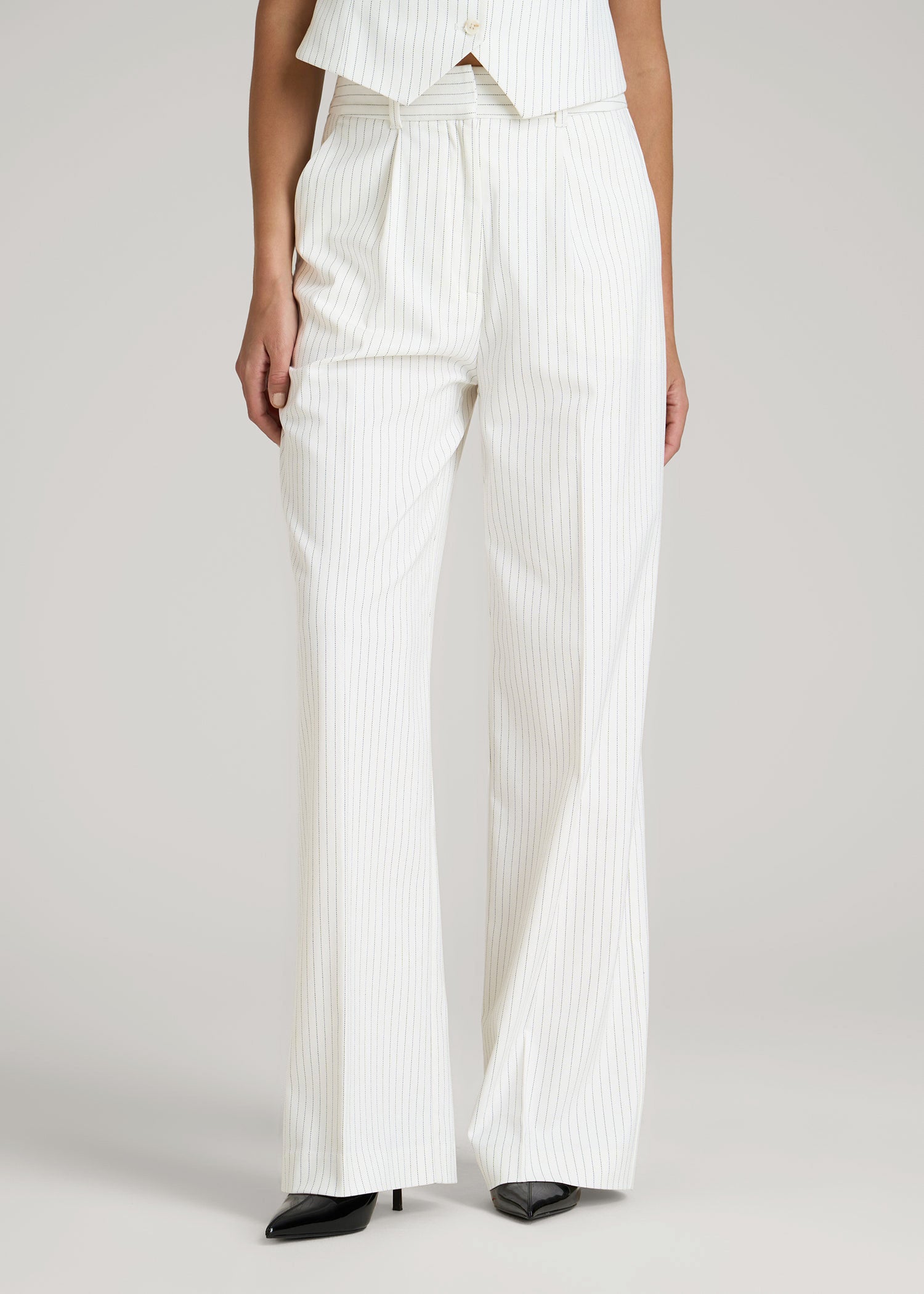 High-Rise Wide-Leg Pleated Dress Pants for Tall Women in Off White Pinstripe