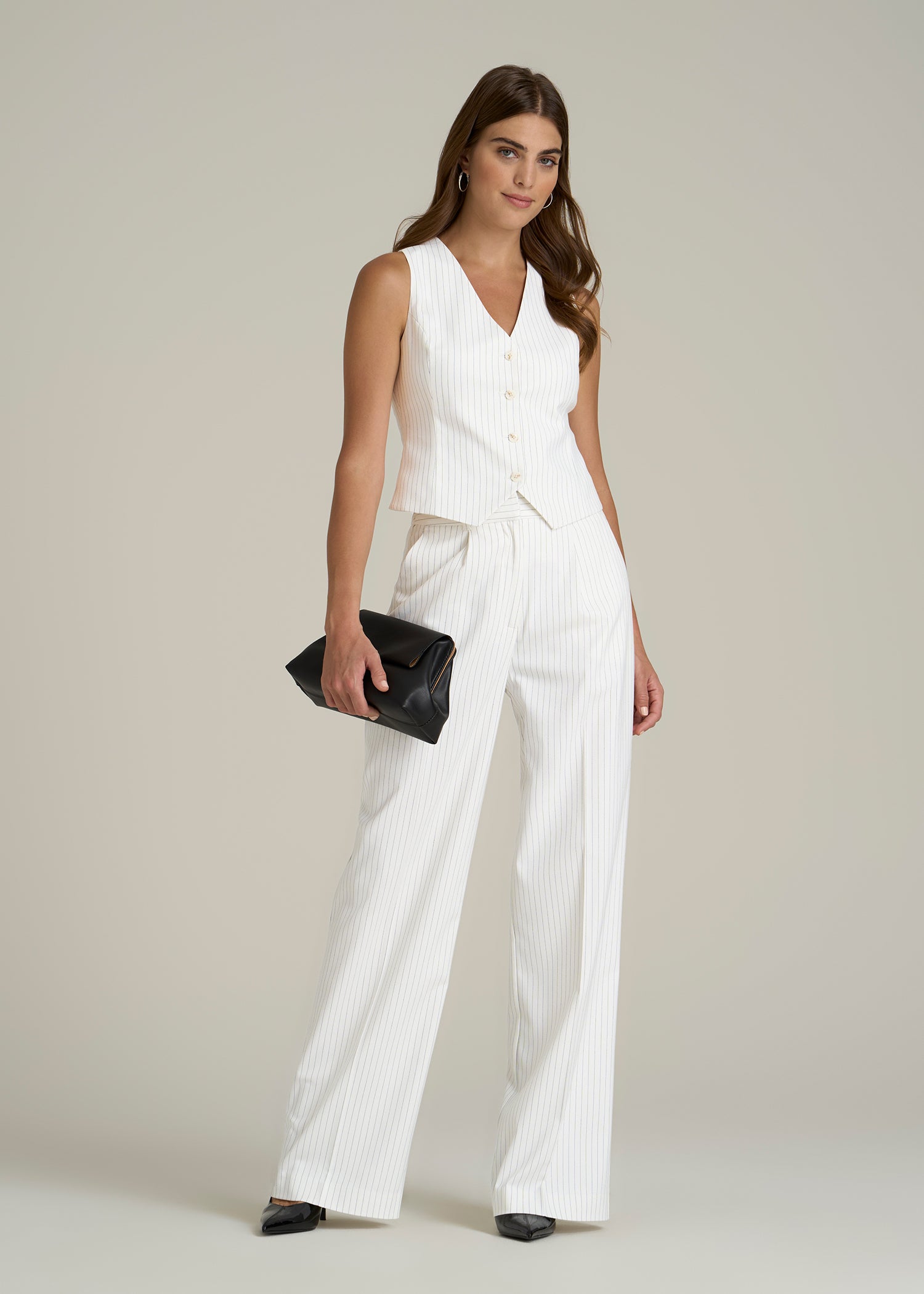 High-Rise Wide-Leg Pleated Dress Pants for Tall Women in Off White Pinstripe