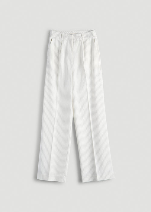 High-Rise Wide-Leg Pleated Dress Pants for Tall Women in Off White Pinstripe