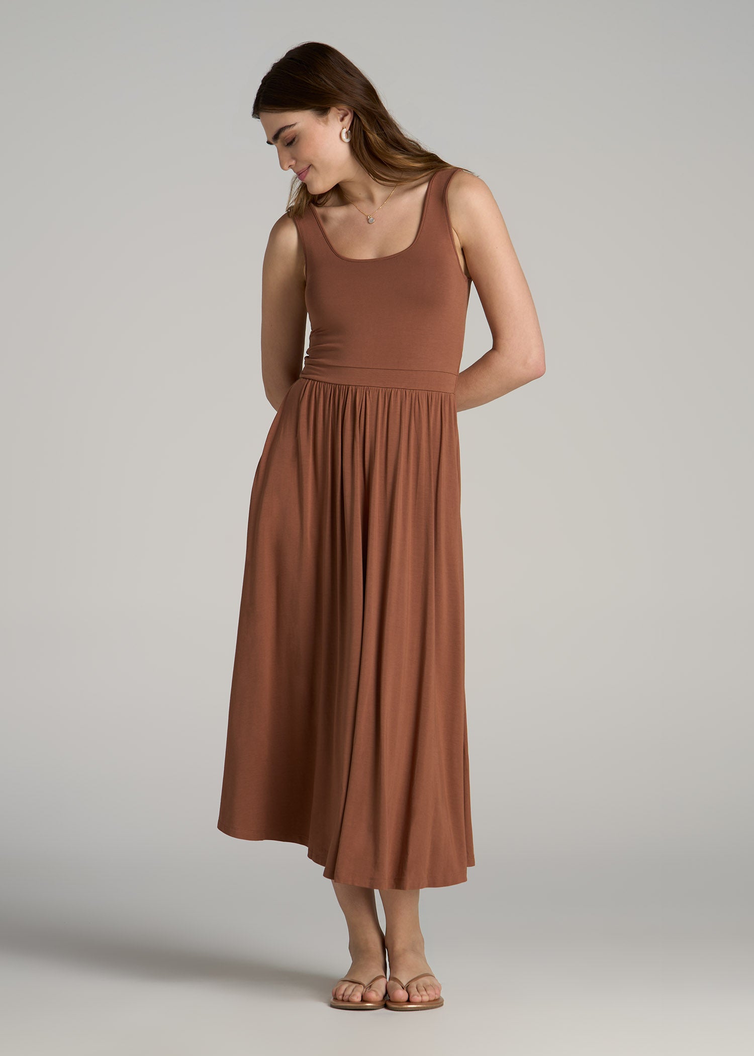 Jersey Tank Dress with Pockets for Tall Women in Clay Brown
