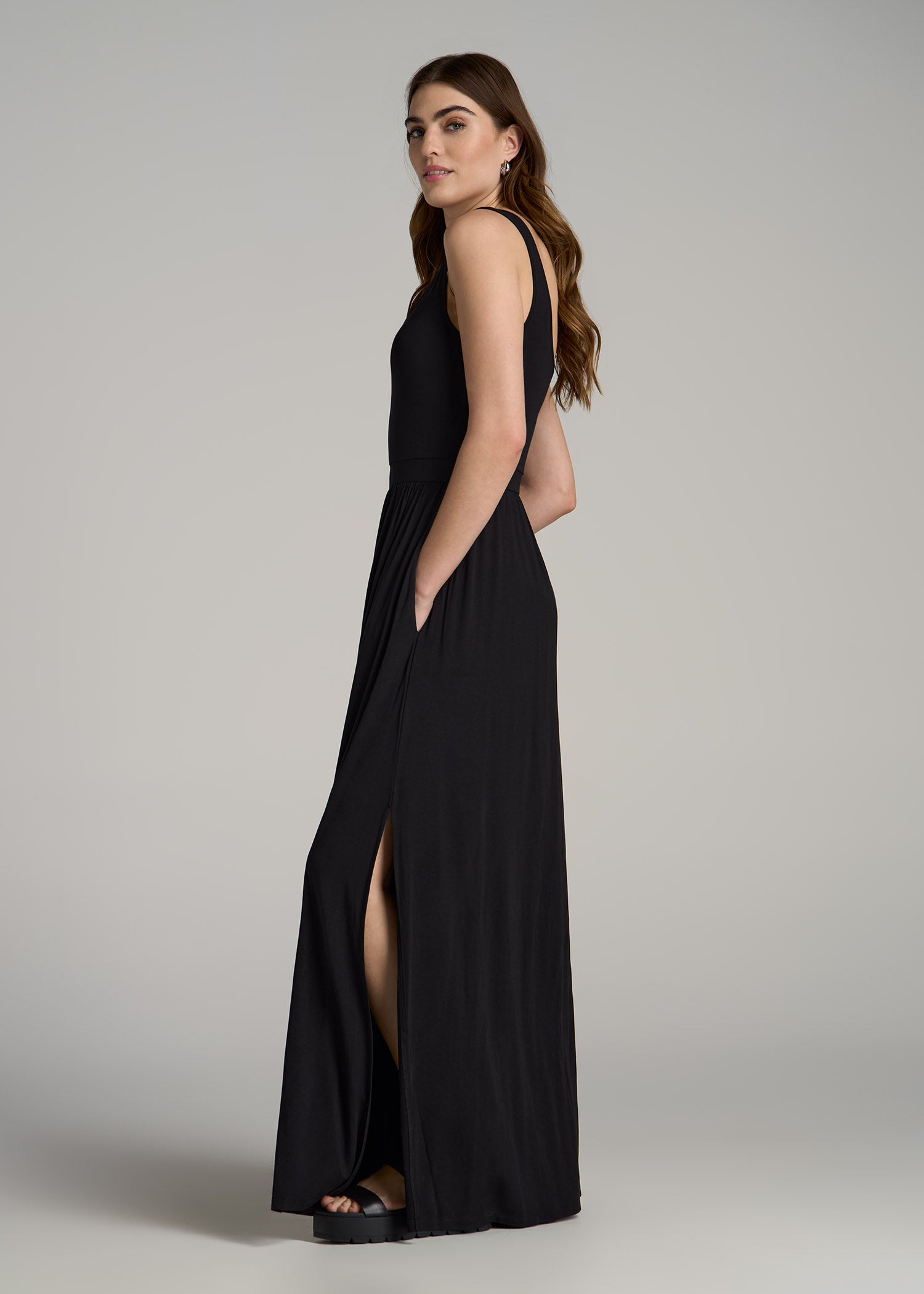Jersey Tank Maxi Dress with Pockets for Tall Women in Black