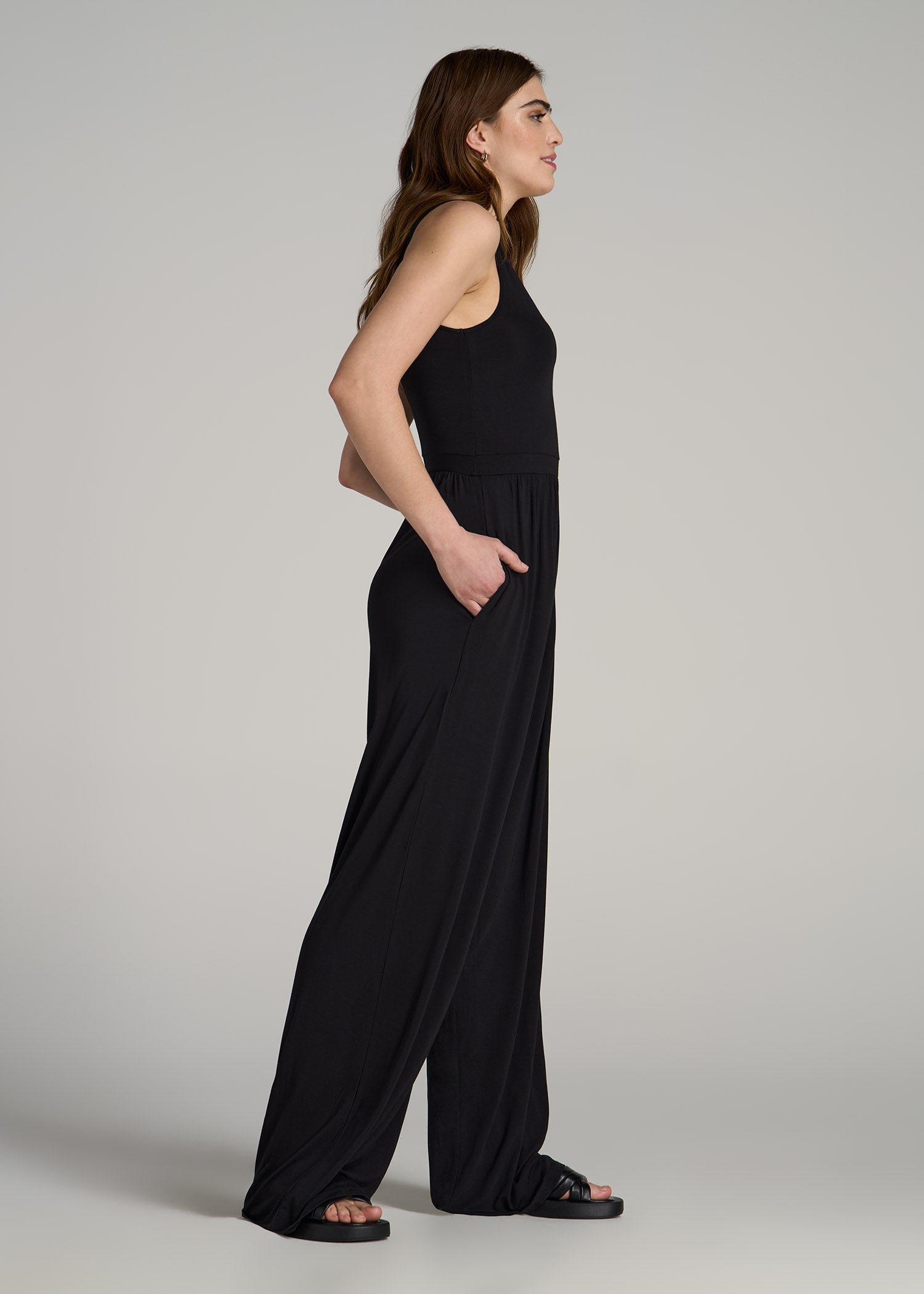 Jersey Tank Wide-Leg Jumpsuit with Pockets for Tall Women in Black