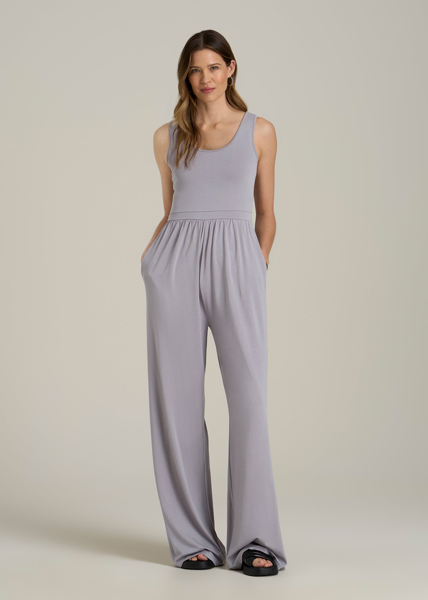 Jersey Tank Wide-Leg Jumpsuit with Pockets for Tall Women in Pebble Grey