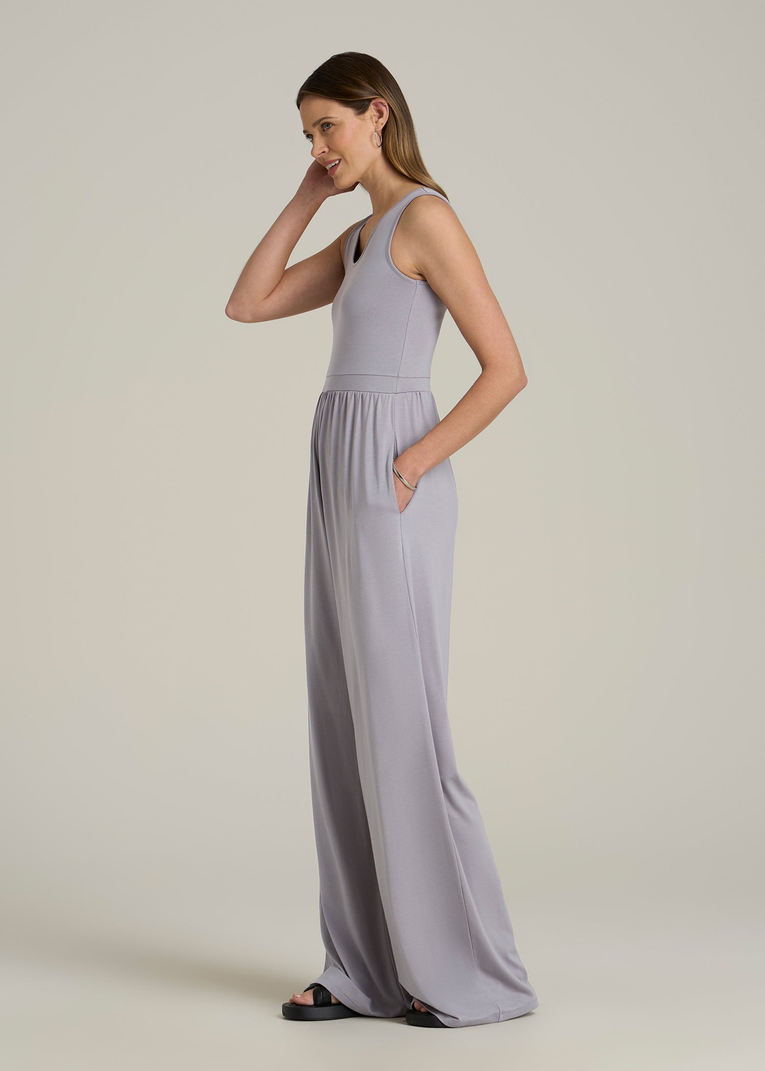 Jersey Tank Wide-Leg Jumpsuit with Pockets for Tall Women in Pebble Grey