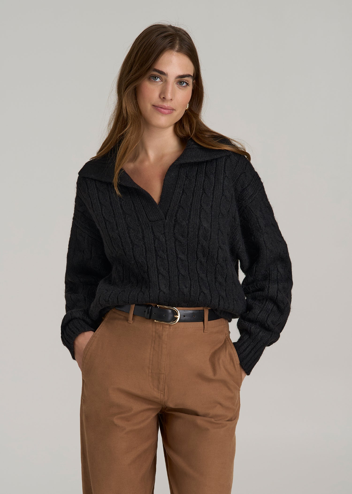 Johnny Collar Cable Knit Sweater for Tall Women in Black